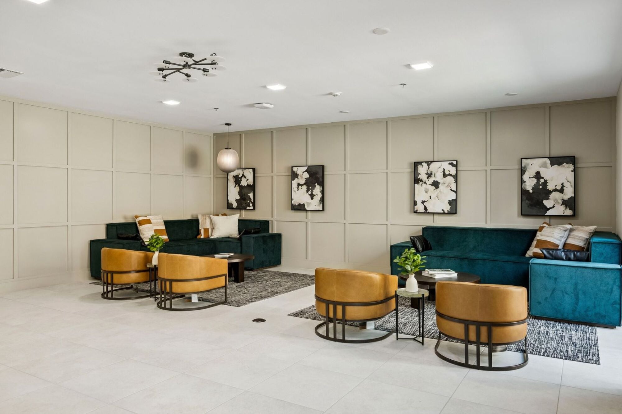 A gathering and community space at The Elara in Farmers Branch, Texas.