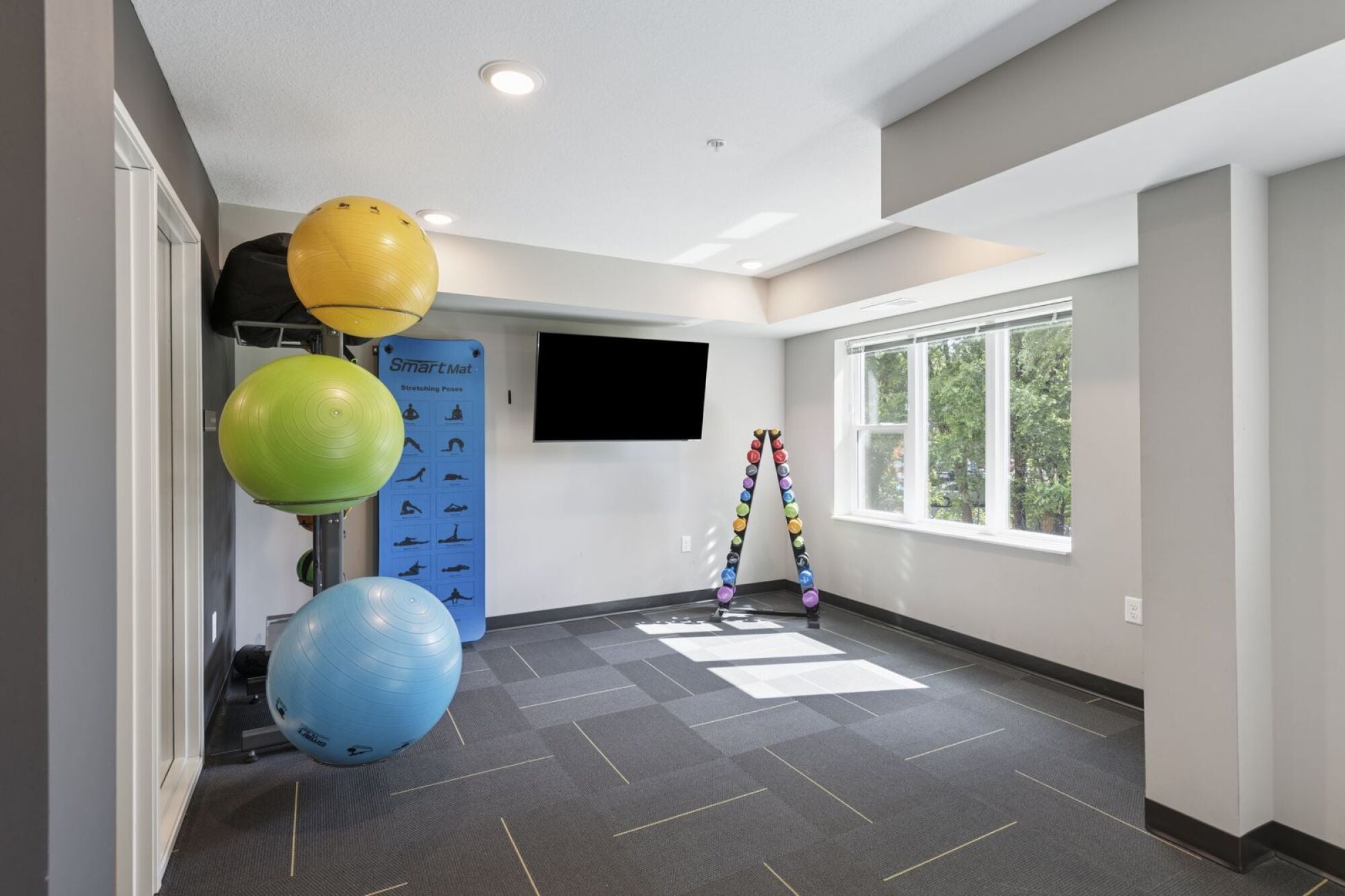 The yoga room at Callisto Commons in Fridley, MN.