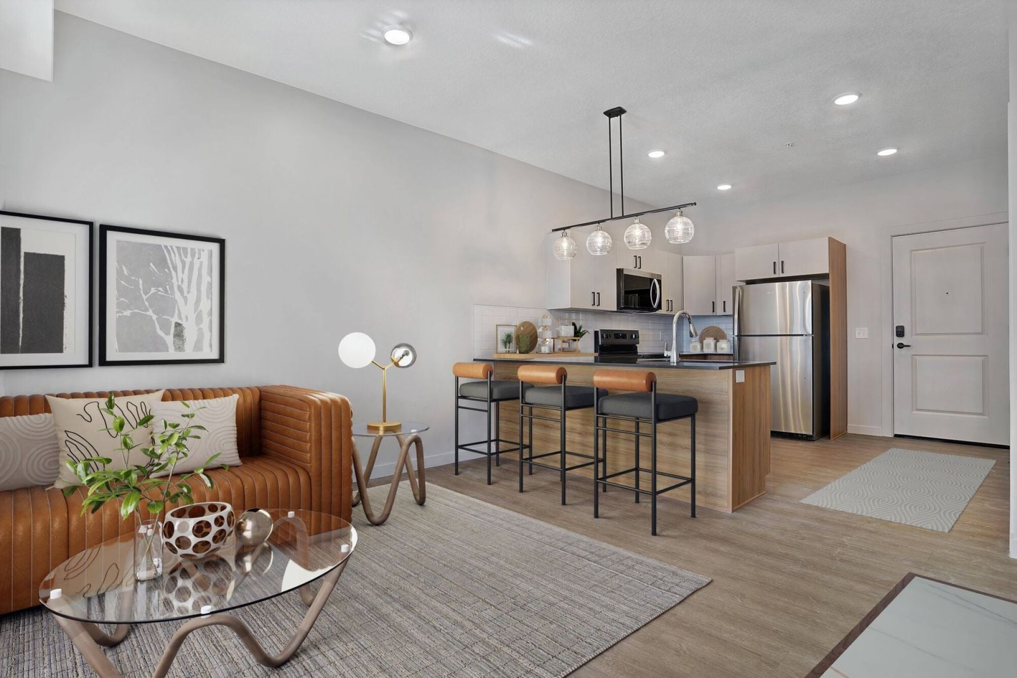 Kitchen and Living Room at The Whitney in Salt Lake City, Utah.