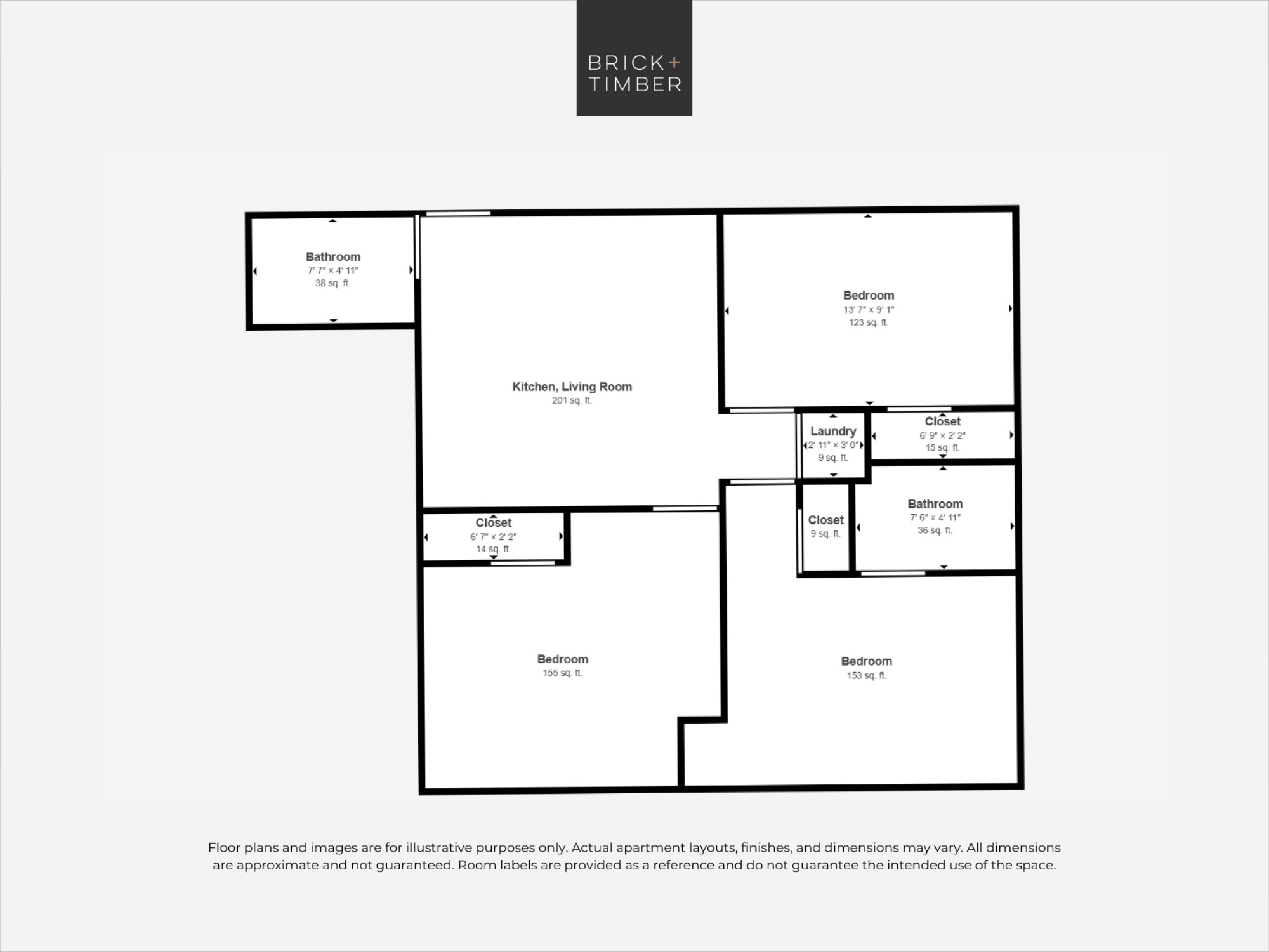 A floor plan for a Brick+Timber property showing a kitchen, living room, and two bedrooms.