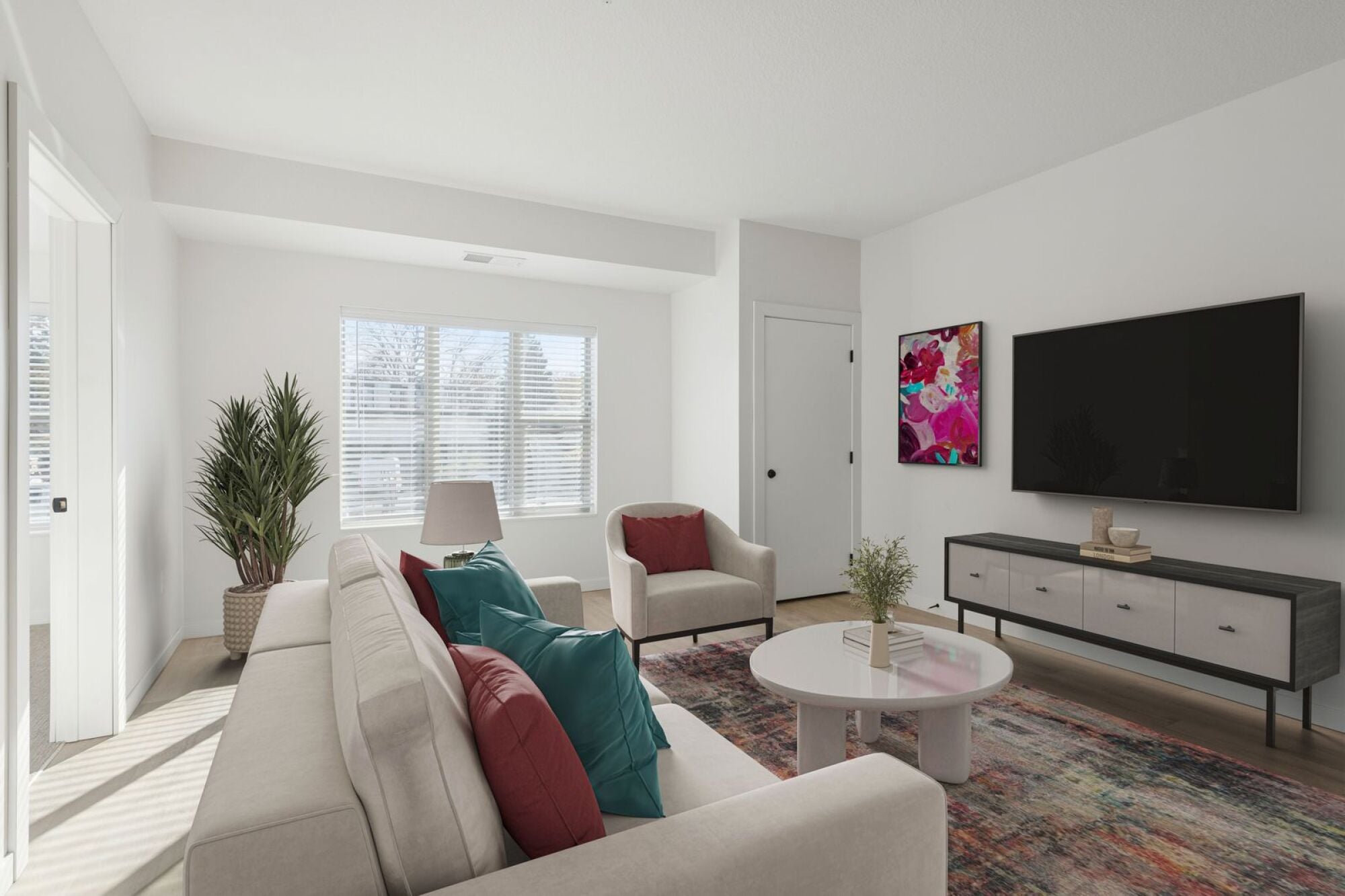 A virtually staged living room at Volta in Burnsville, MN.