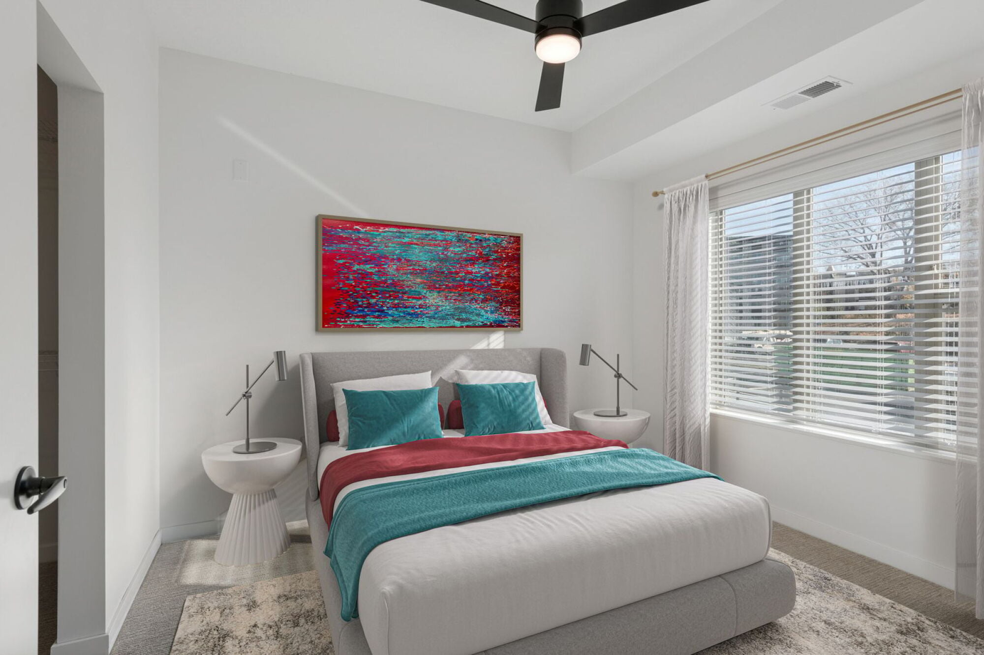 A virtually staged bedroom at Volta in Burnsville, MN.