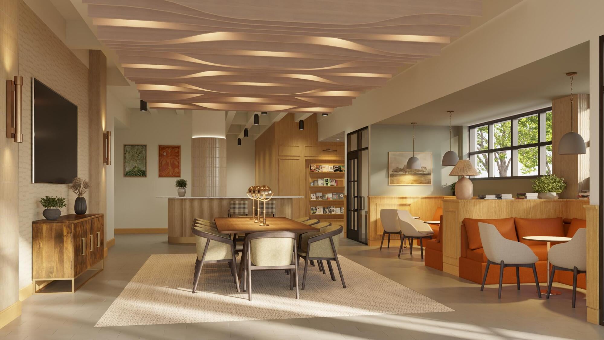 Sonder A modern dining room featuring a large table surrounded by stylish chairs.