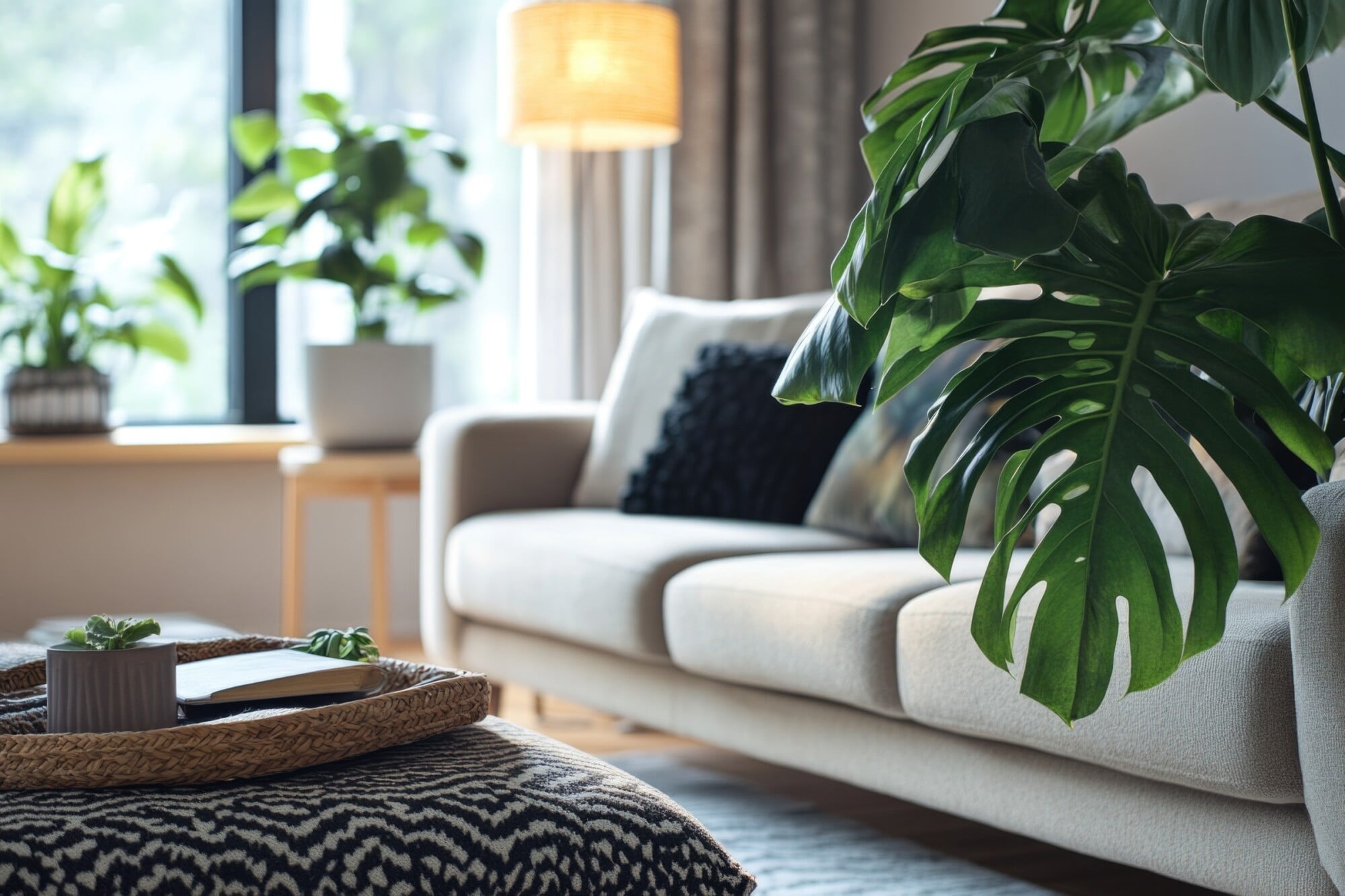 Sonder A cozy living room featuring a couch, coffee table, and several indoor plants for a fresh ambiance.