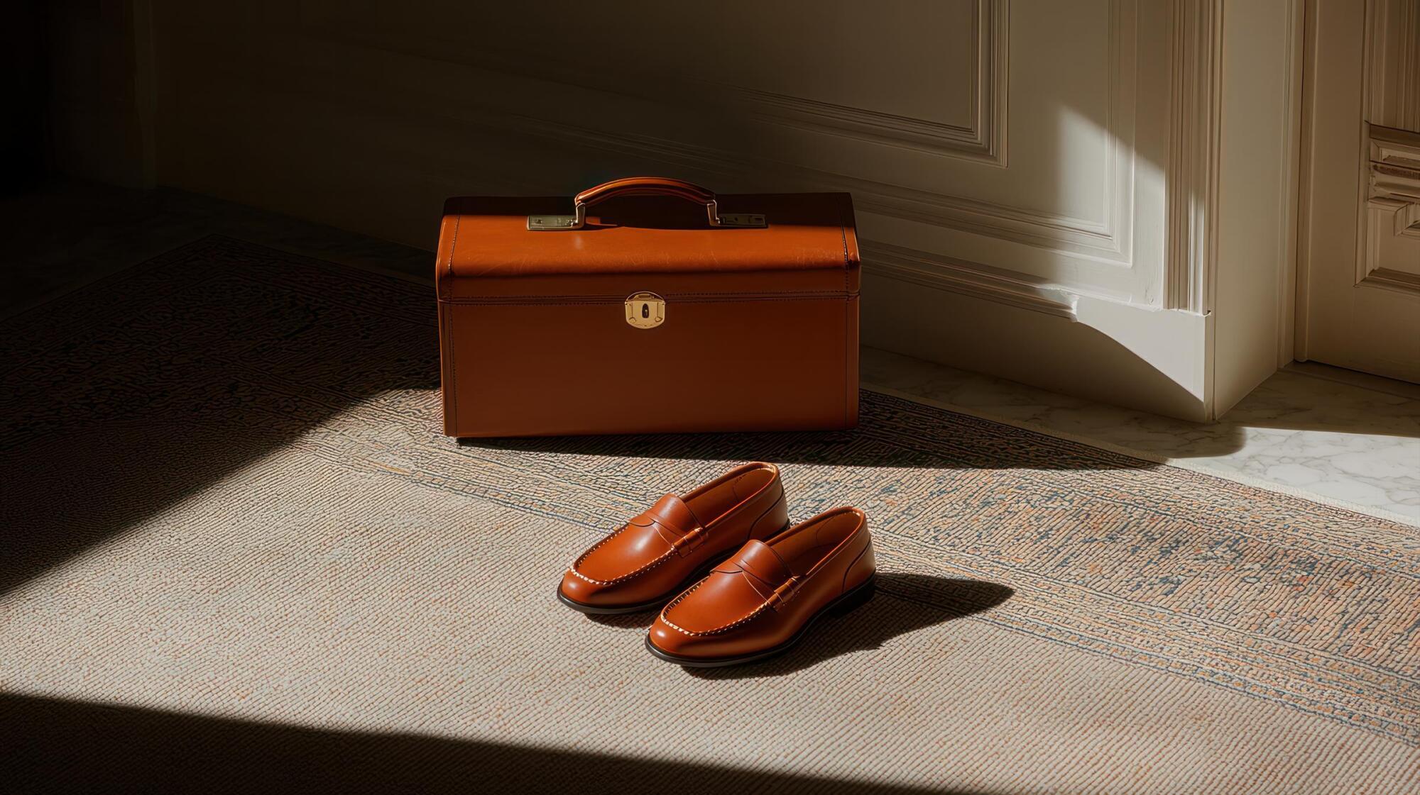 Sonder Elegant brown loafers and classic briefcase in sunlit room interior photography vintage aesthetic