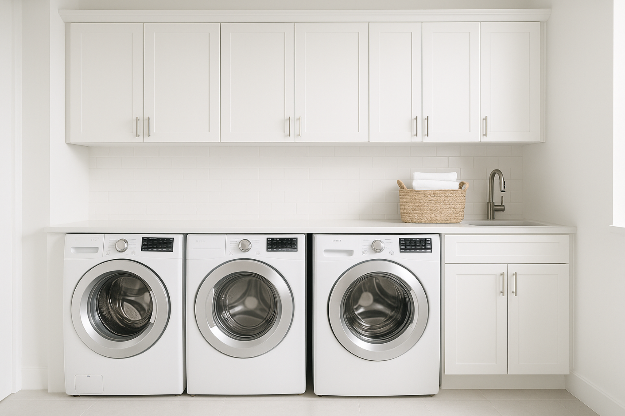 Sonder A bright white laundry room featuring a washer and dryer side by side against a clean, minimalist backdrop.