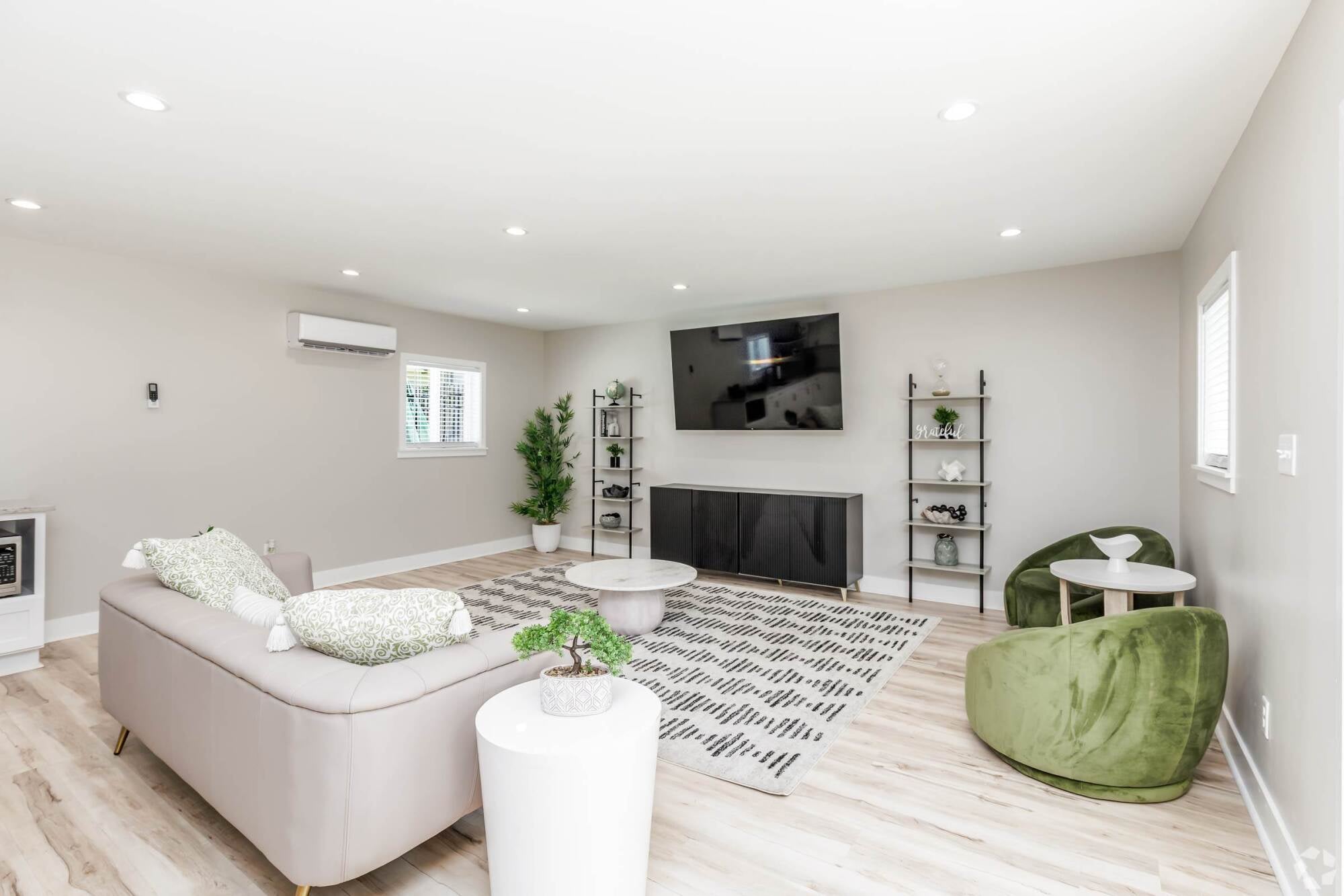 Bright living room with a sofa, two green chairs, TV, shelves, plants, and a geometric rug on light wood floors.