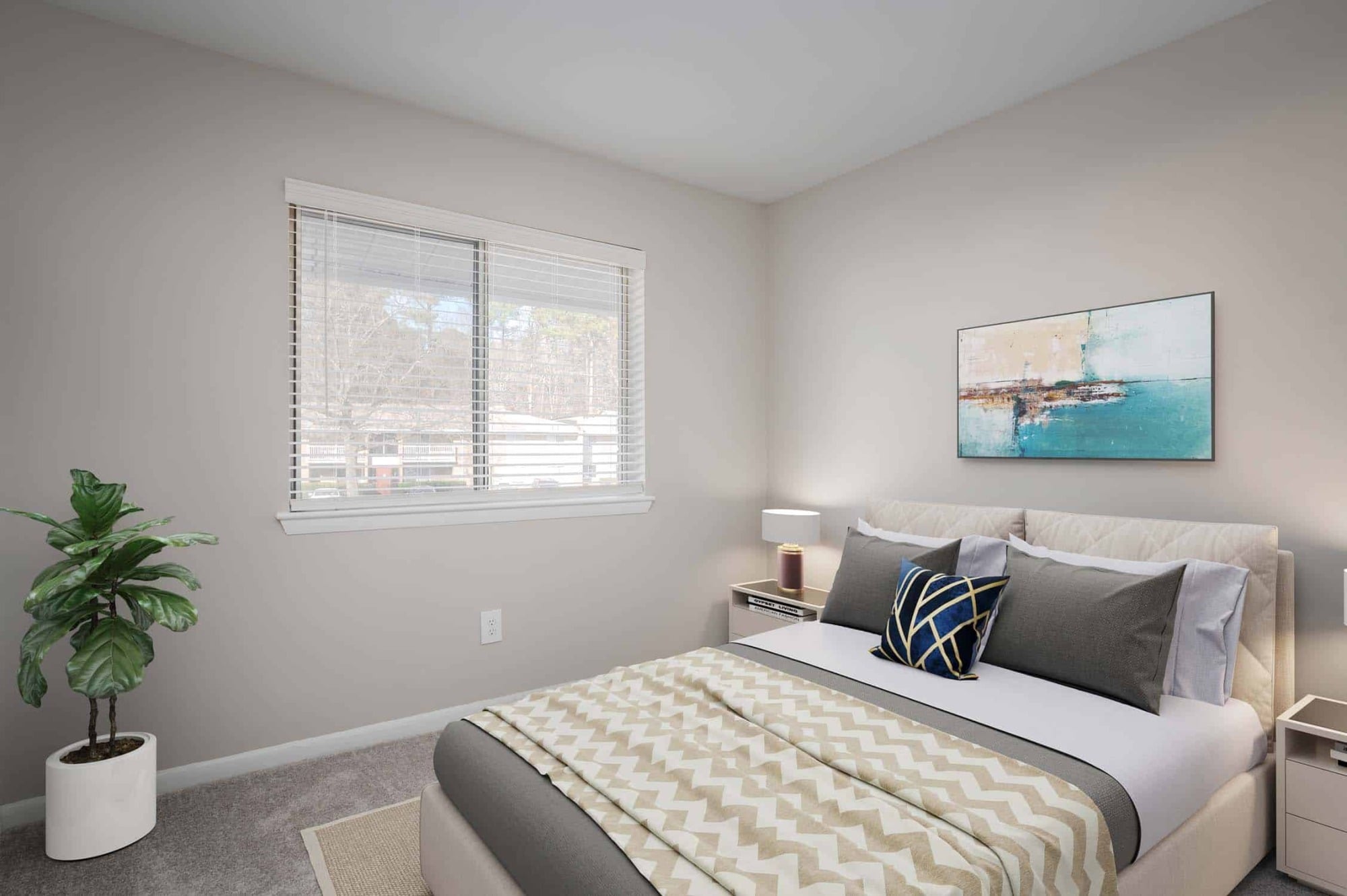 A tidy bedroom with a large bed, abstract art above, a potted plant, and light coming in from a window with blinds.