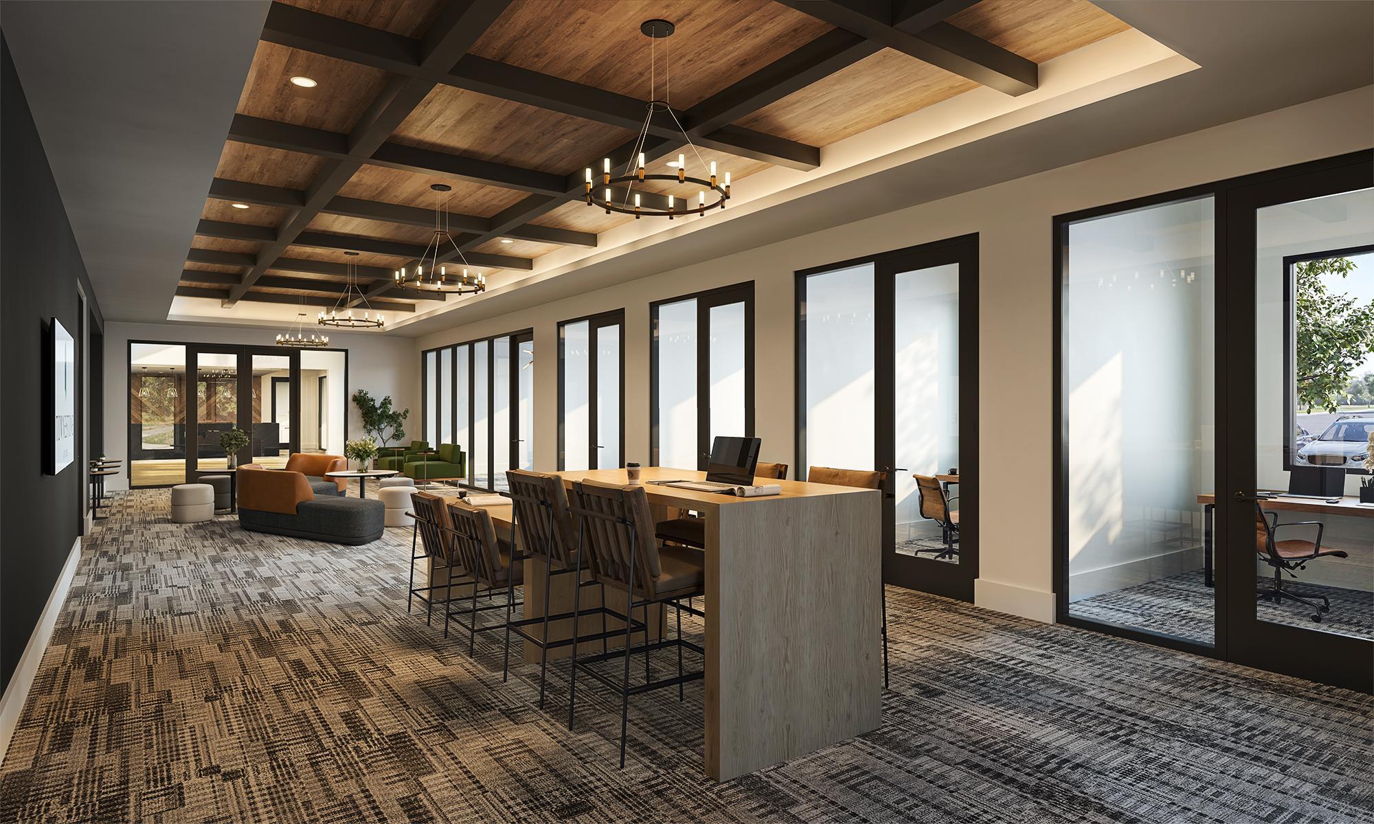 Modern office lounge with a long wooden table, chairs, sofas, large windows, and decorative ceiling lights.