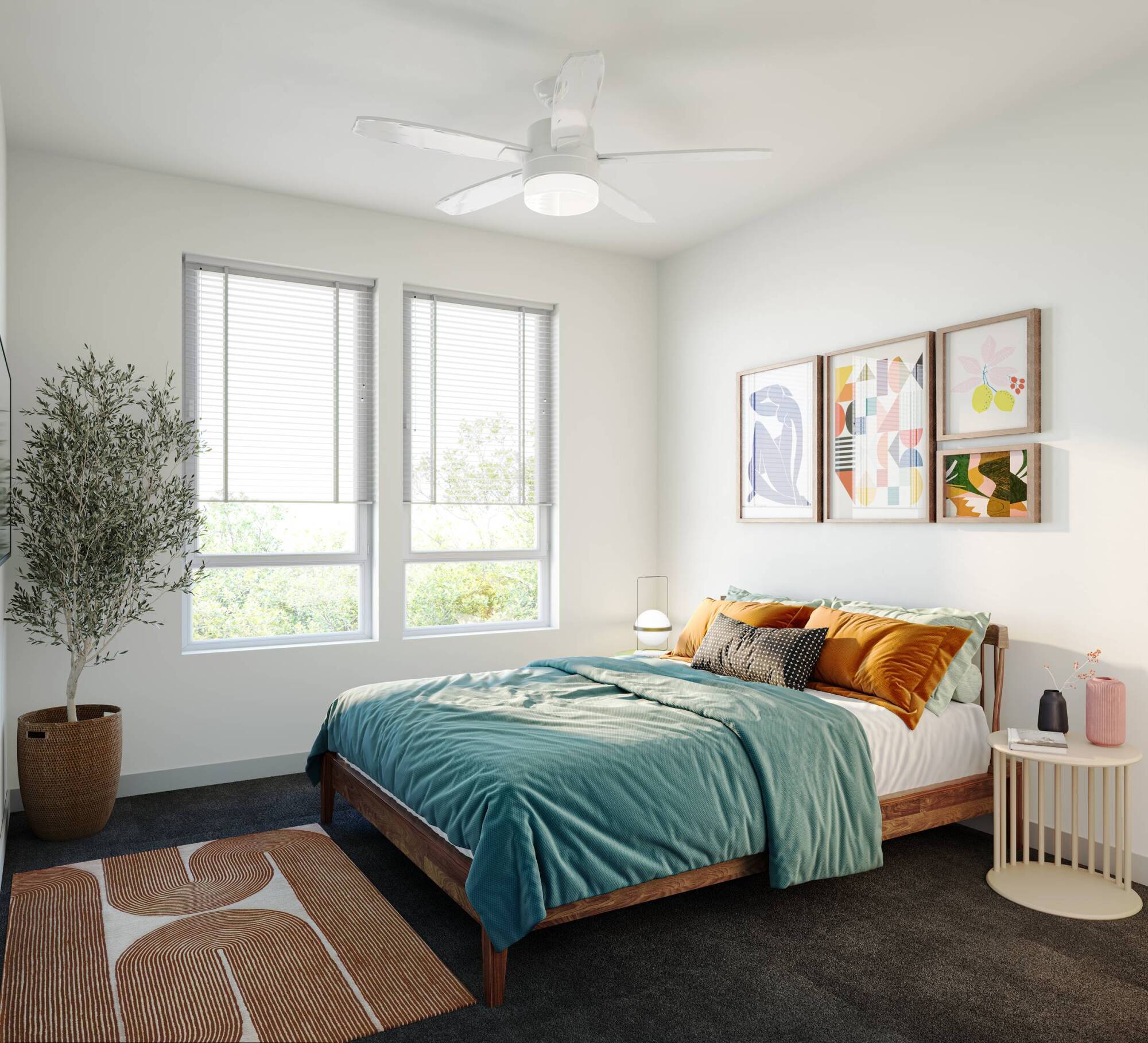 Bright apartment bedroom with modern decor at Wixby House in Austin, TX
