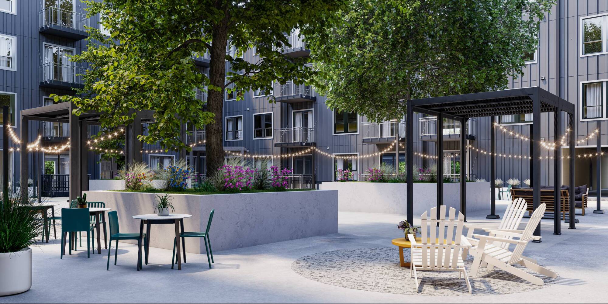 Wixby House Modern apartment courtyard with string lights, seating areas, trees, and greenery on a sunny day.