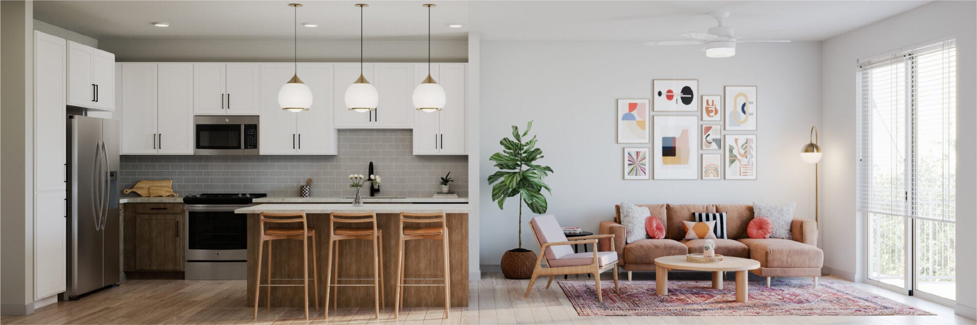 Wixby House Modern open kitchen and living room with island seating, cozy sofa, wall art, and large sunny windows.