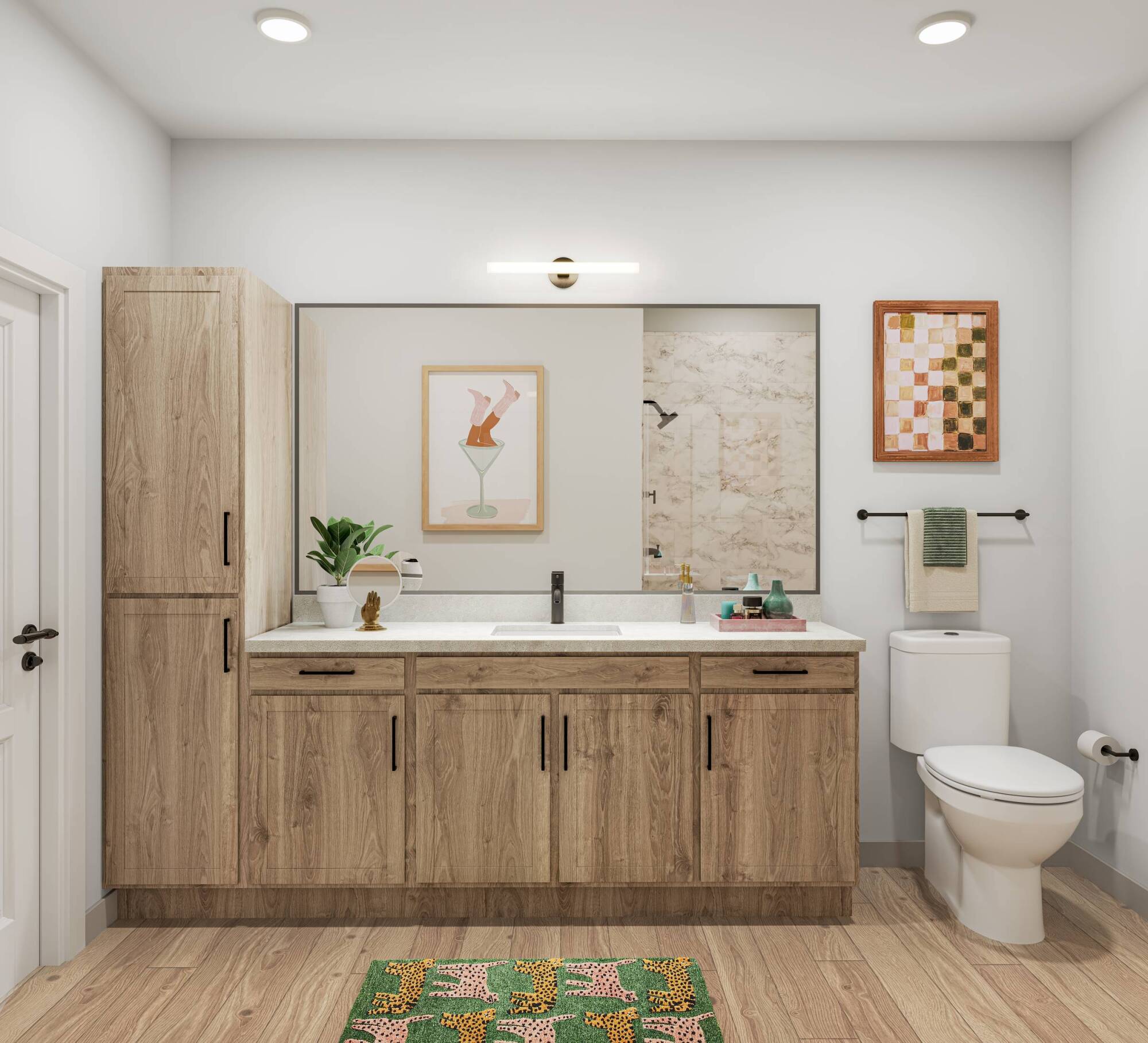 Wixby House Modern bathroom with wood cabinets, a large mirror, art on the wall, and a green rug with cheetah patterns.