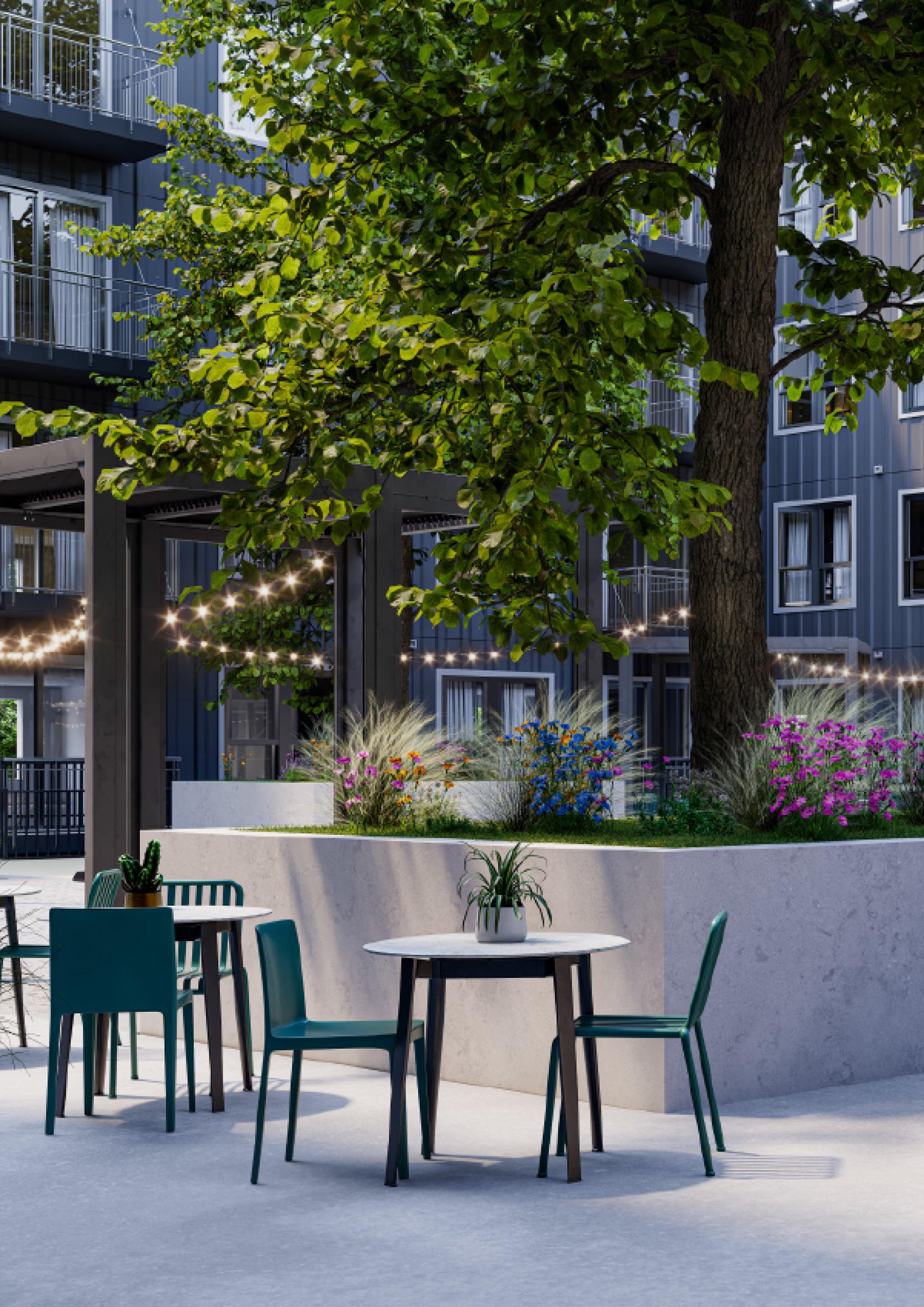 Outdoor courtyard seating area with string lights at Wixby House in Austin, TX