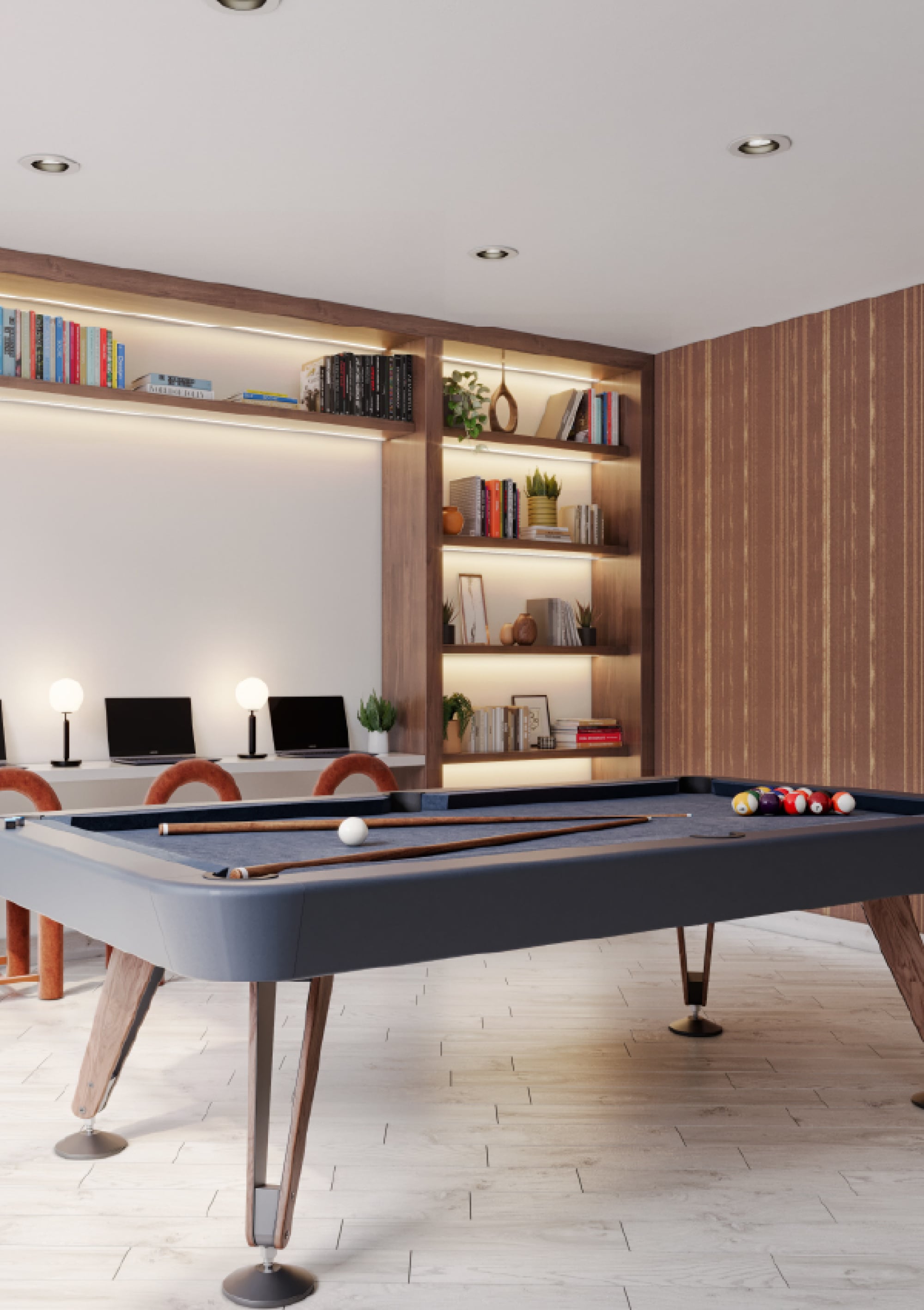 Resident game room with pool table and coworking space at Wixby House in Austin, TX