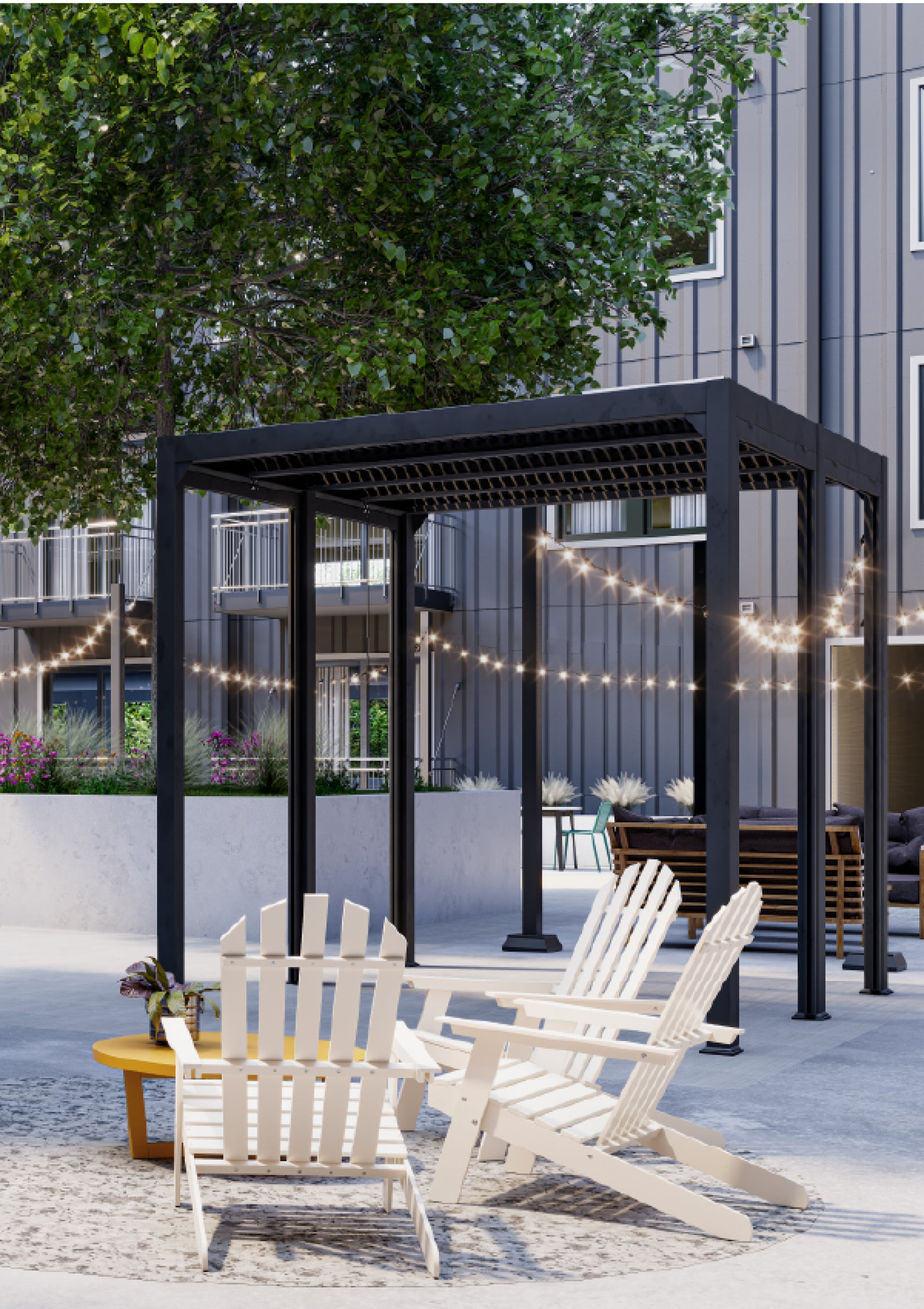 Outdoor lounge area with pergola seating at Wixby House apartments in Austin, TX