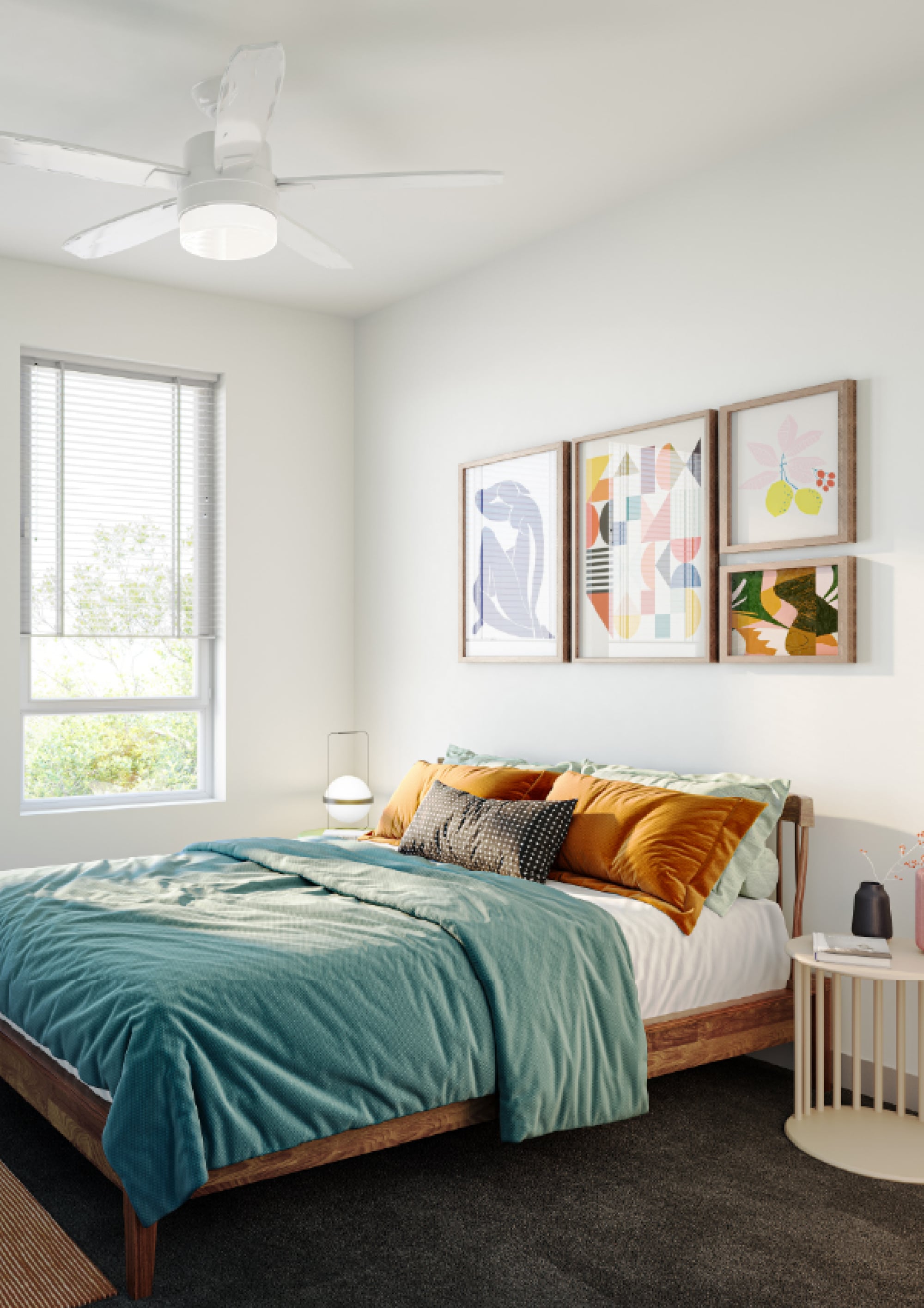 Bright apartment bedroom with modern decor at Wixby House in Austin, TX