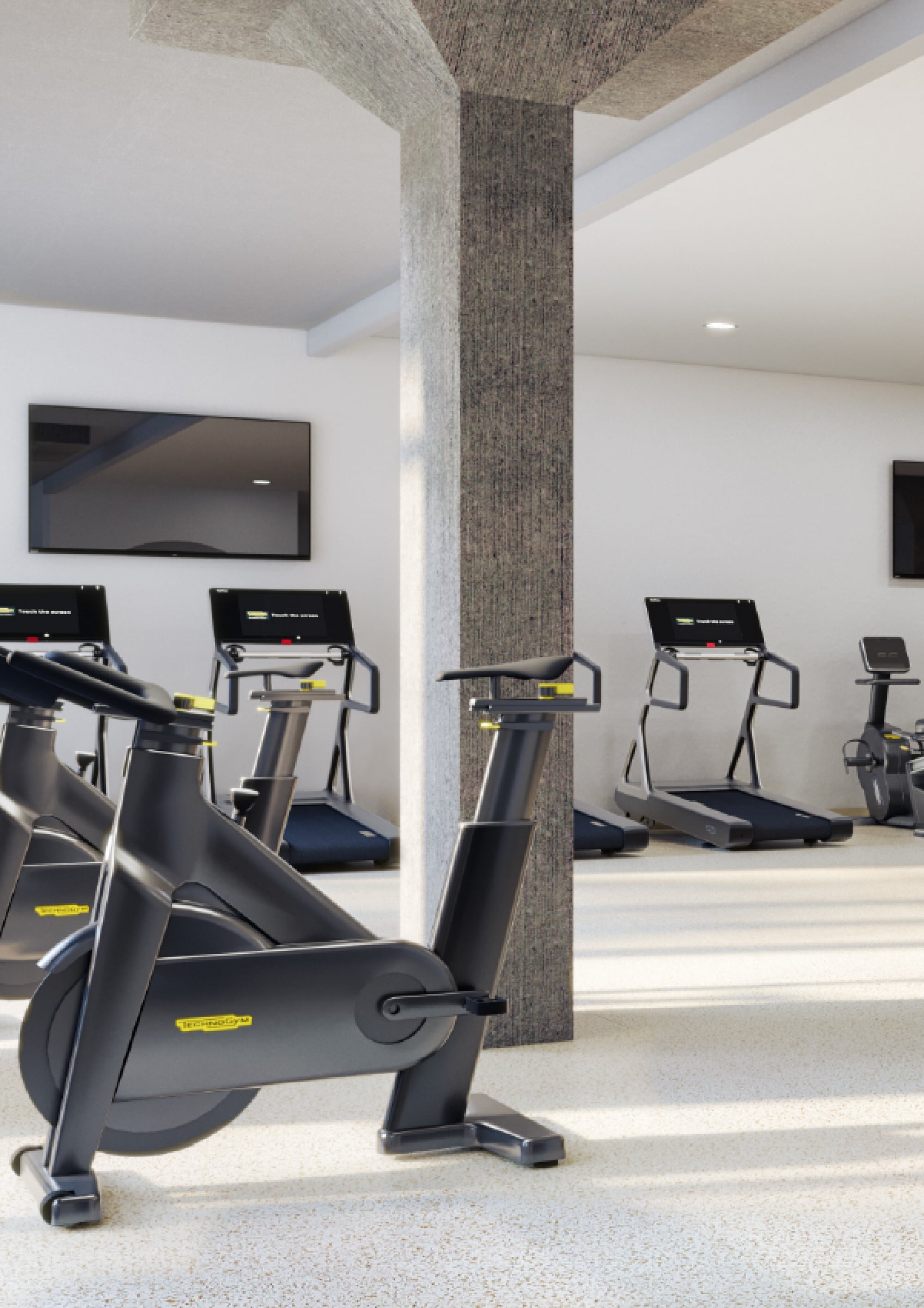 Modern apartment fitness center with treadmills and cycling equipment in Austin, TX