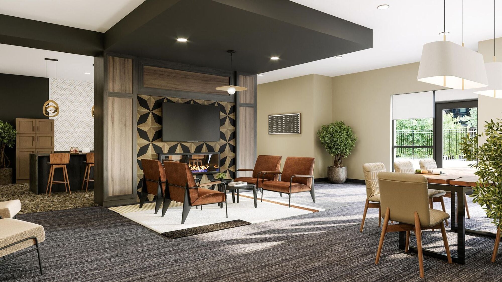 Modern lounge with brown chairs, large TV, plants, and dining area, lit by natural and ceiling lights.