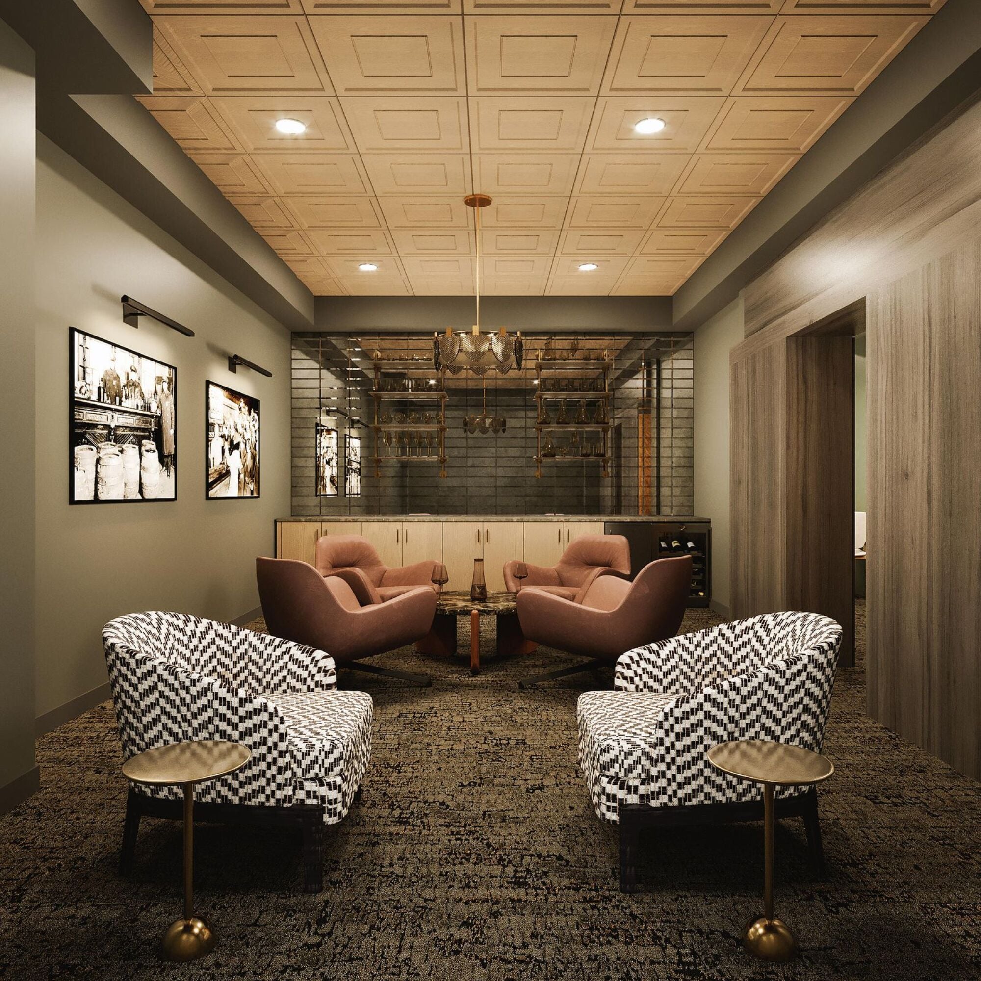 Modern lounge with patterned armchairs, pink chairs, wall art, and warm lighting in a cozy setting.