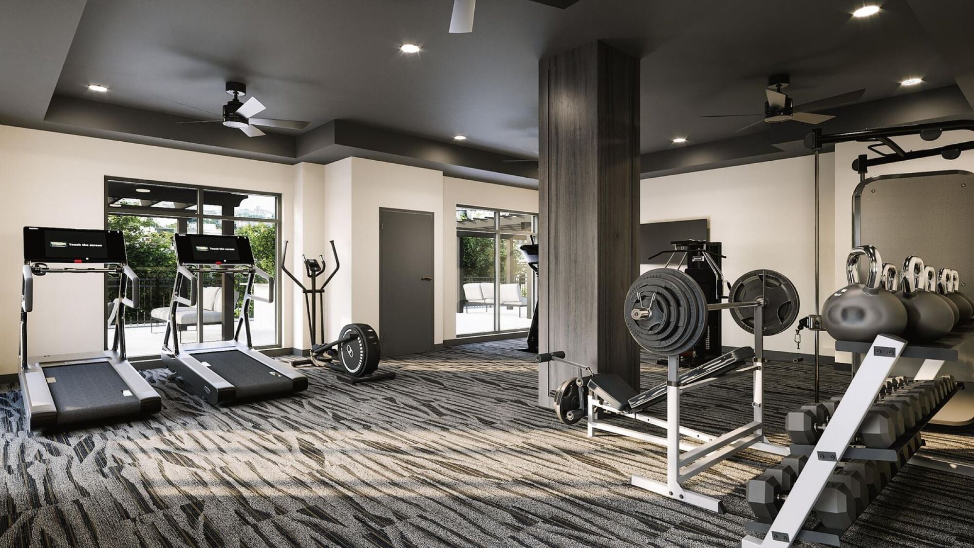 Modern gym with treadmills, free weights, kettlebells, and exercise machines in a bright, spacious room.