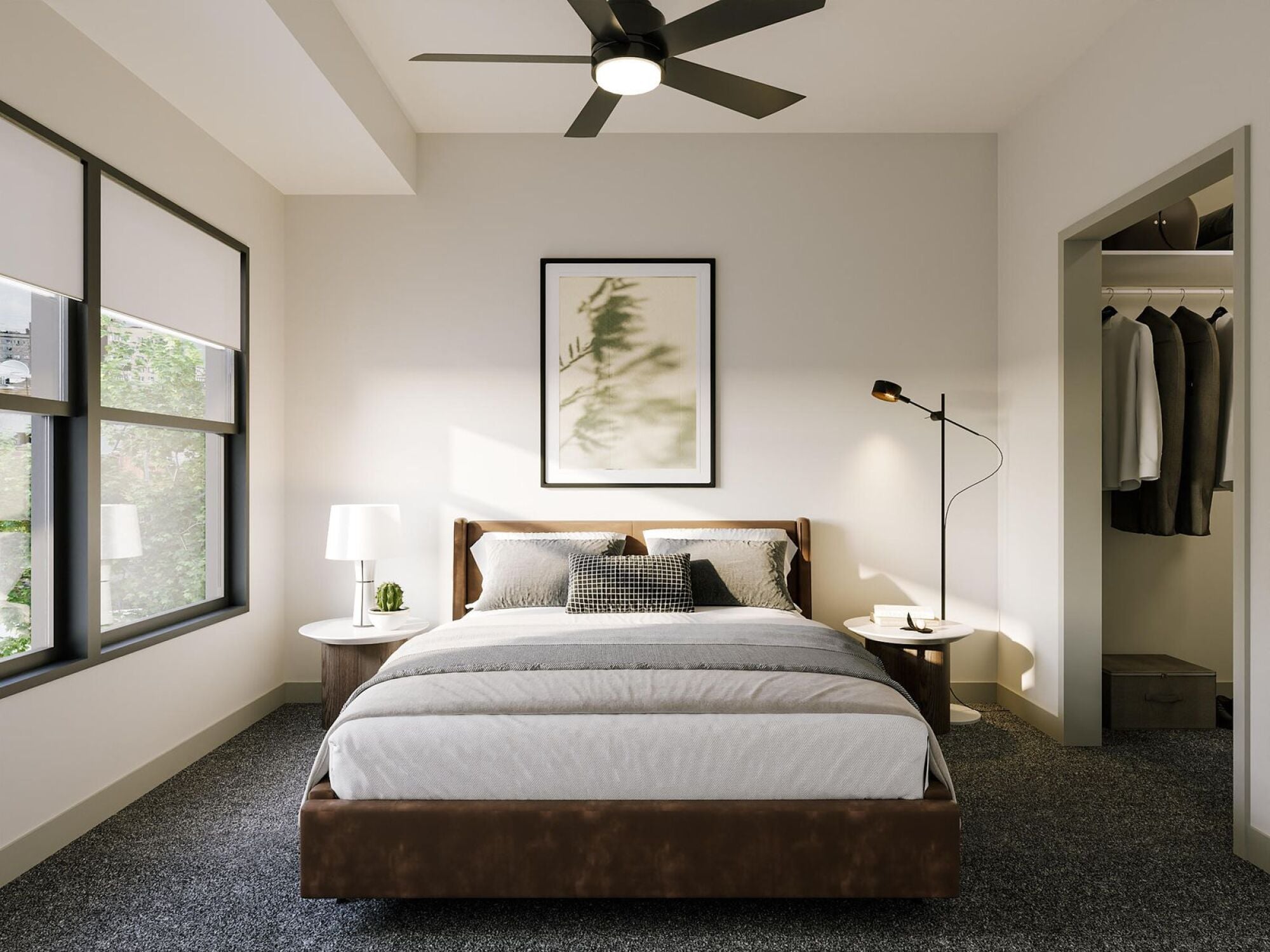 Modern bedroom with a neatly made bed, two side tables, and an open closet on the right.