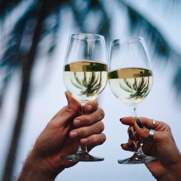 Two hands toasting with wine glasses in front of palm trees.