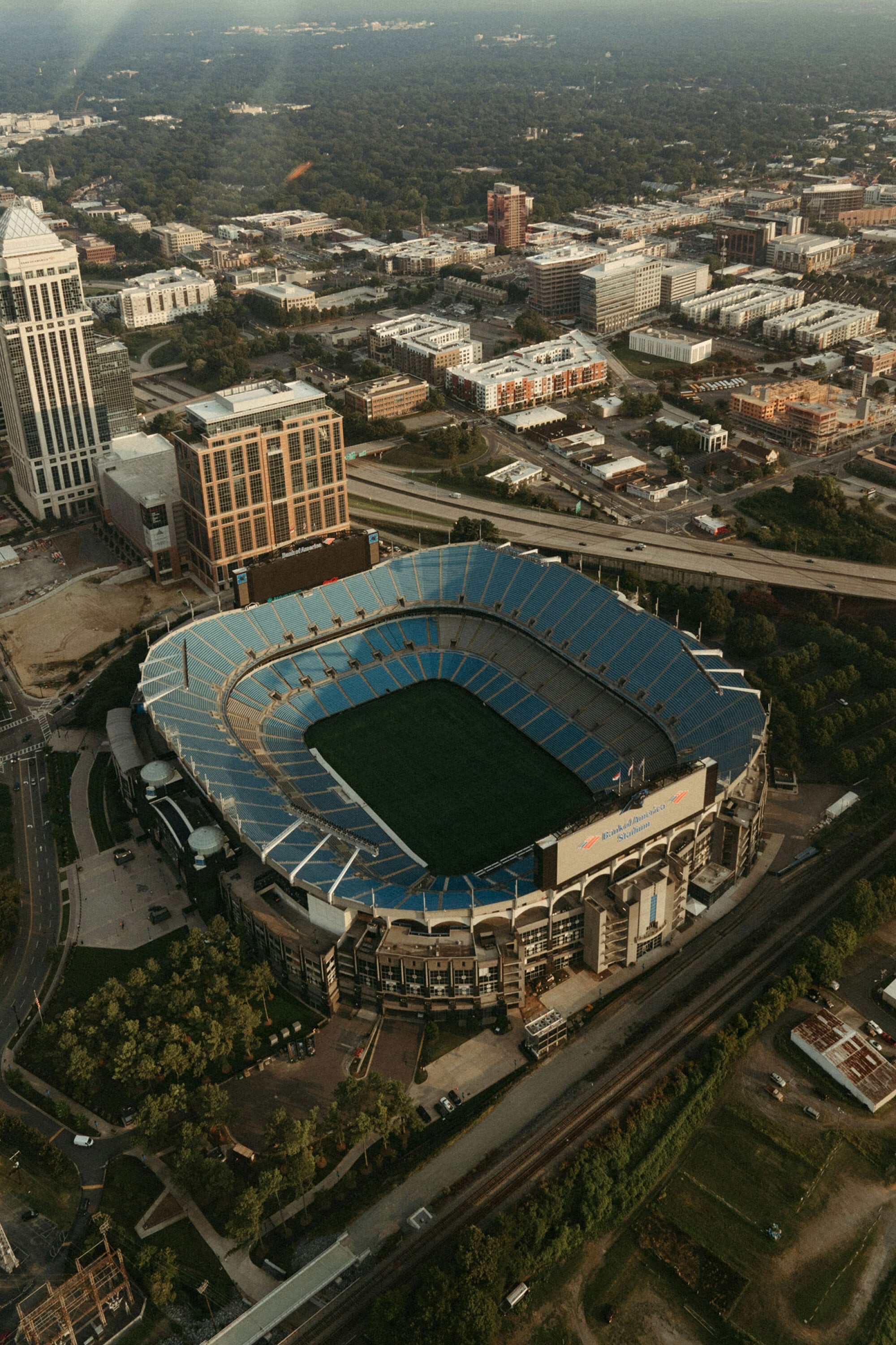 Aerial view of Bank of America Stadium in Uptown Charlotte, NC, an easy trip from Maple Run in University City.