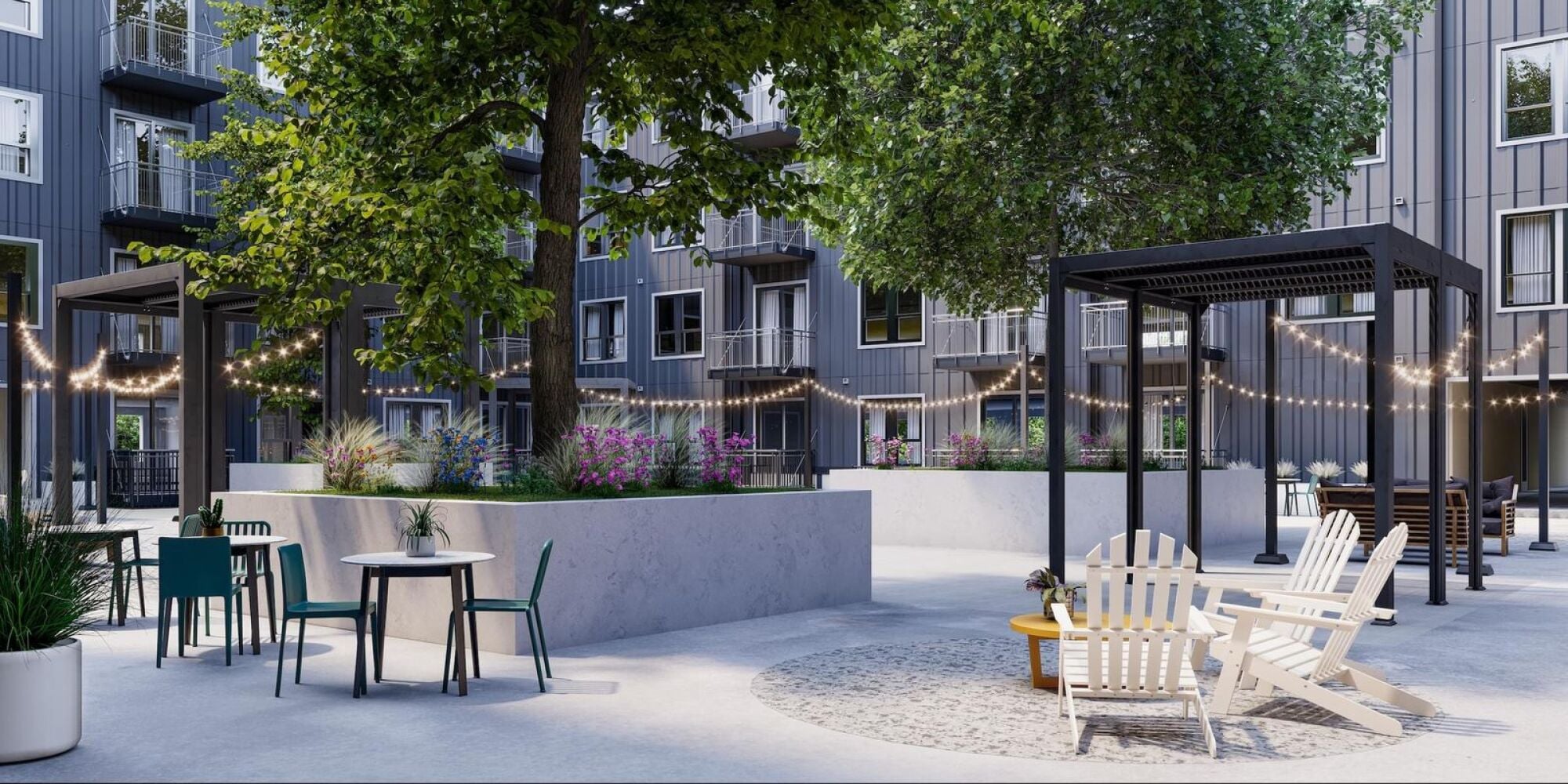 A rendering photo of the courtyard at Wixby House in Austin, Texas.