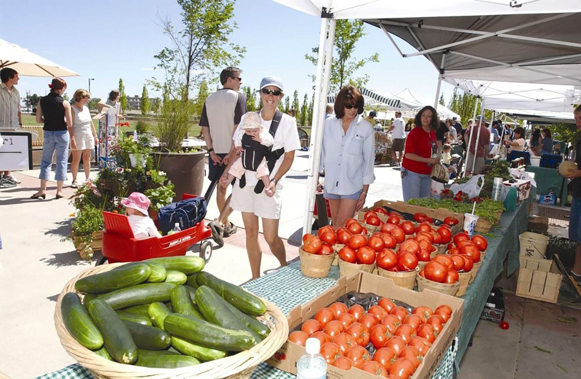 Woman and baby strolling through a summertime farmer's market with fresh produce