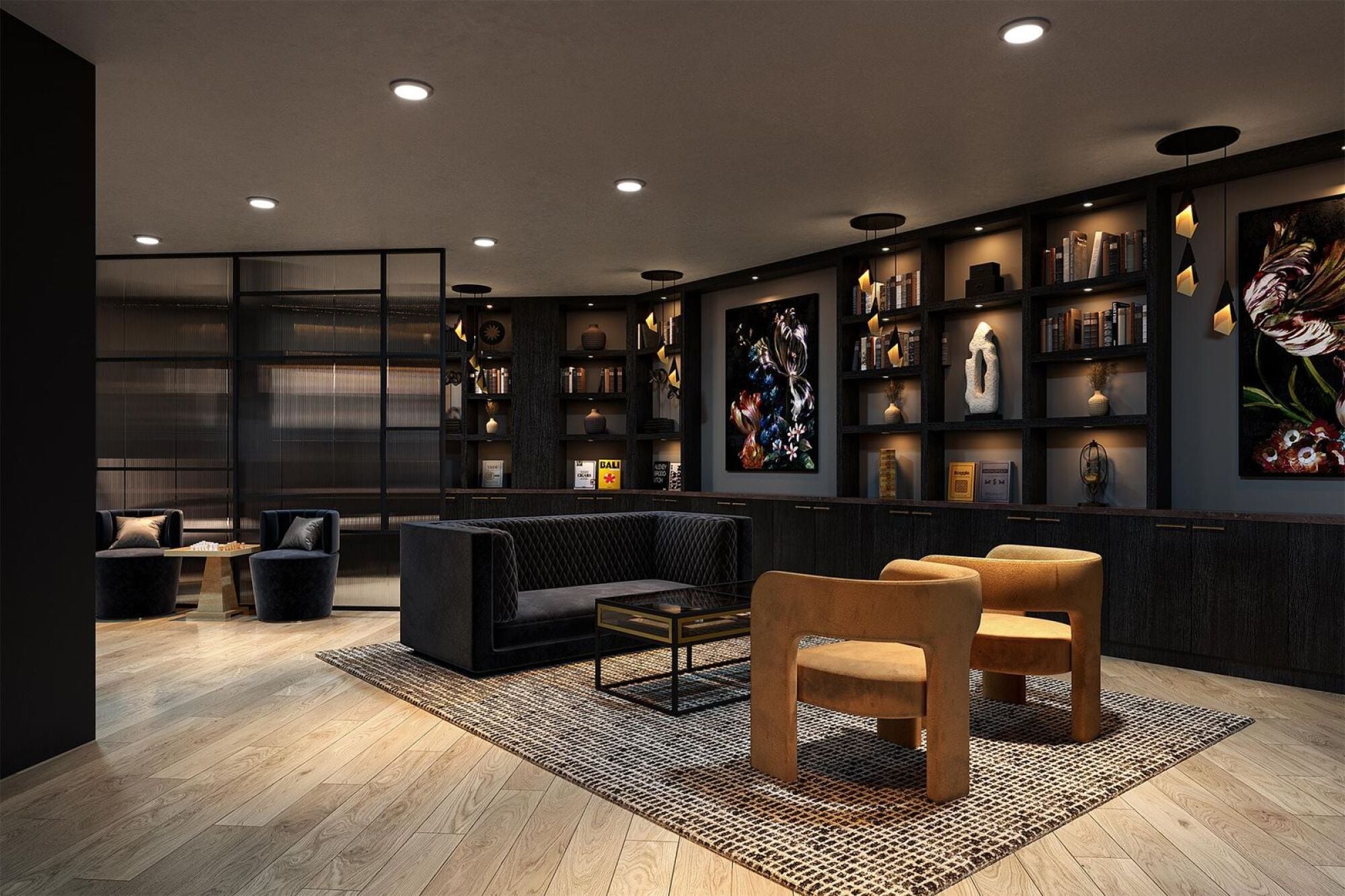 Elegant library at Solana Central Park with dark shelving, plush seating, and artistic decor.