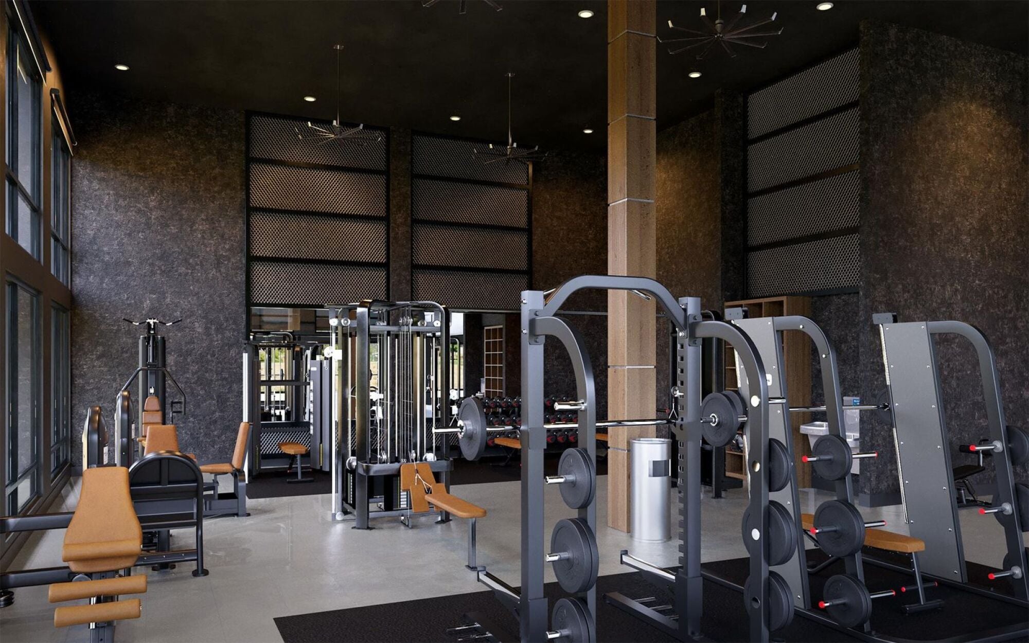 Fully equipped fitness center at Solana Central Park with multiple exercise machines and a modern design.