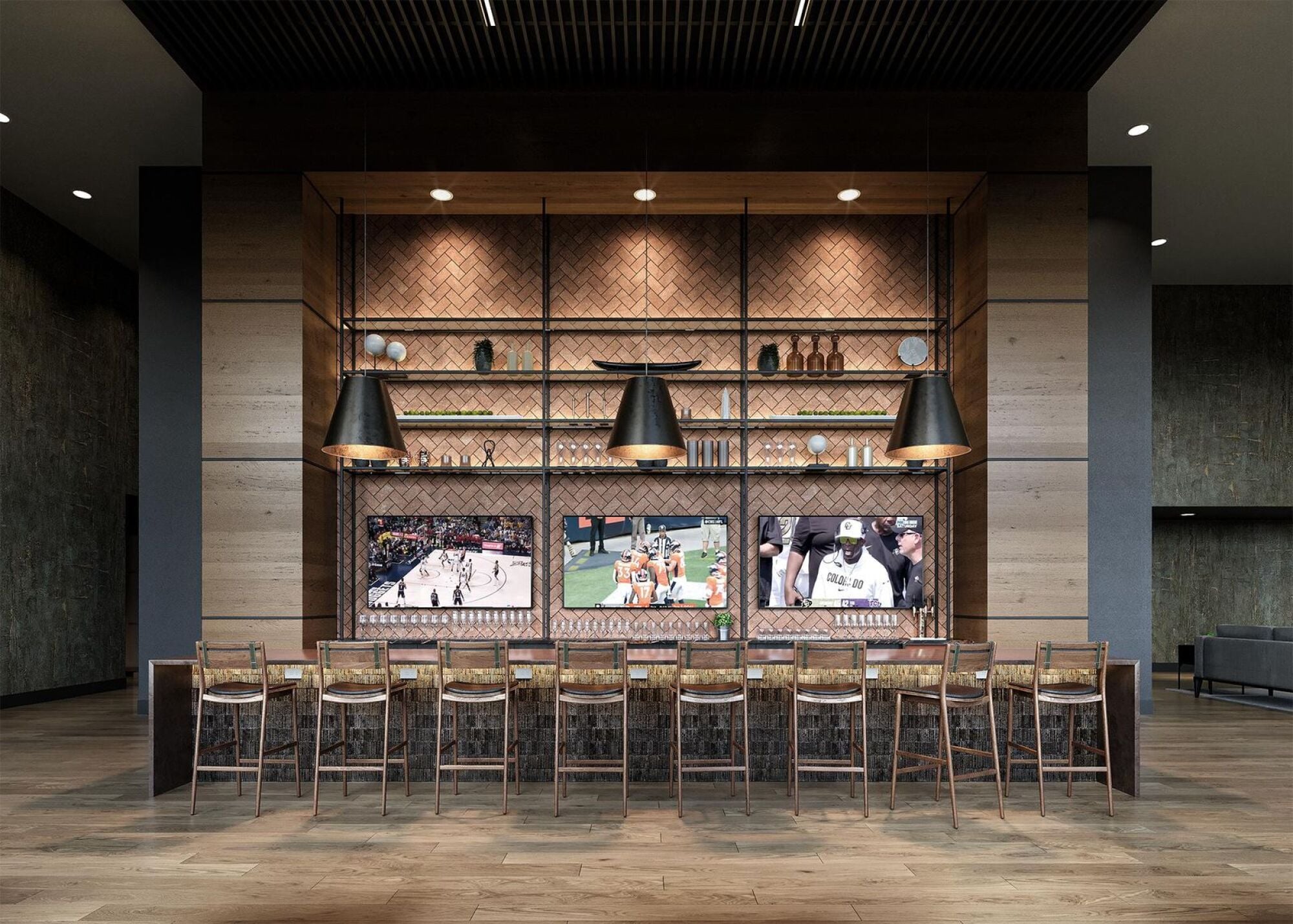 An upscale bar at Solana Central Park with a large shelving unit displaying assorted bottles and multiple televisions showing various sports.