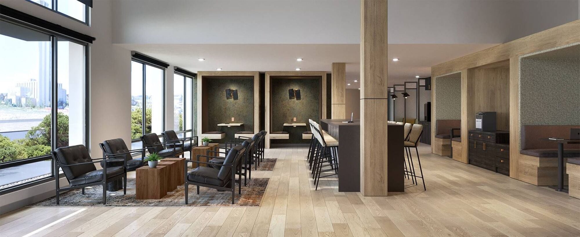 Solana central park rendering of modern co-working space with chairs and desks