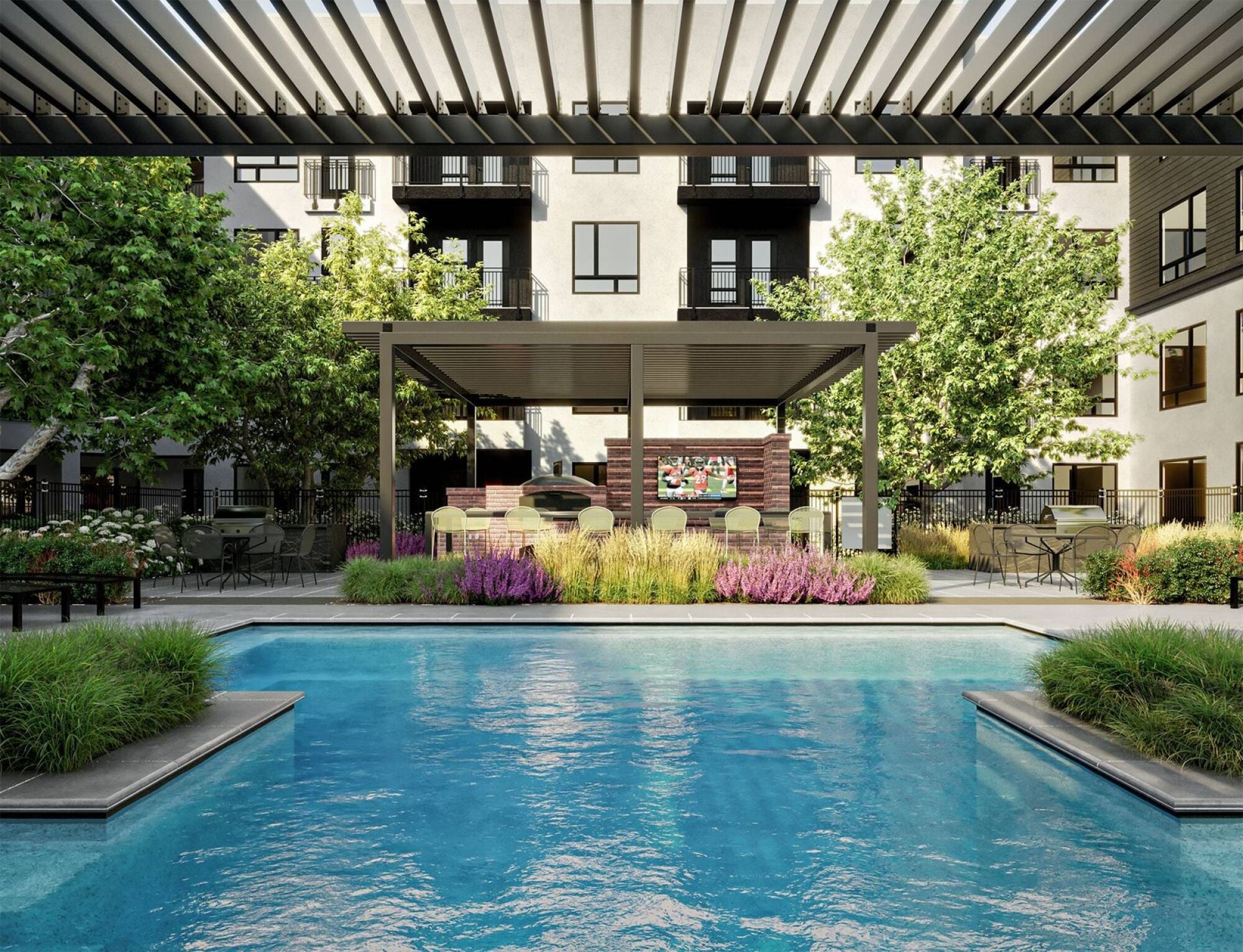Solana Central Park rendering of community outdoor pool with lush landscaping