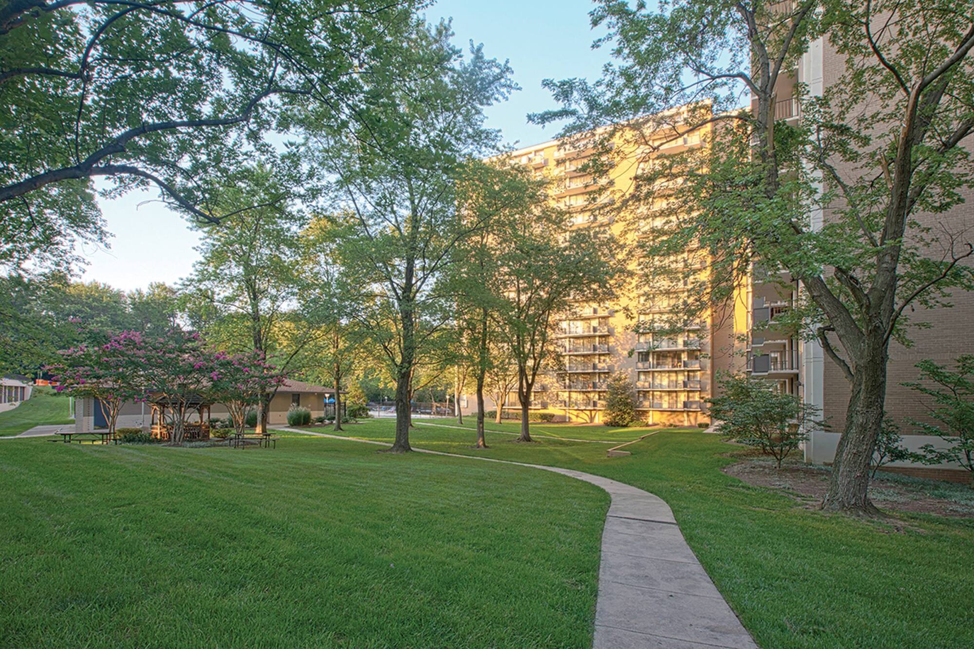 Curved sidewalk through a grassy yard with trees, near a tall apartment building lit by evening sunlight.