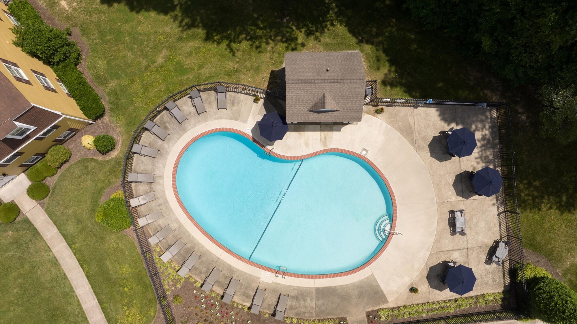 Aerial view of an oval swimming pool with lounge chairs, umbrellas, and a small pool house surrounded by grass and trees.
