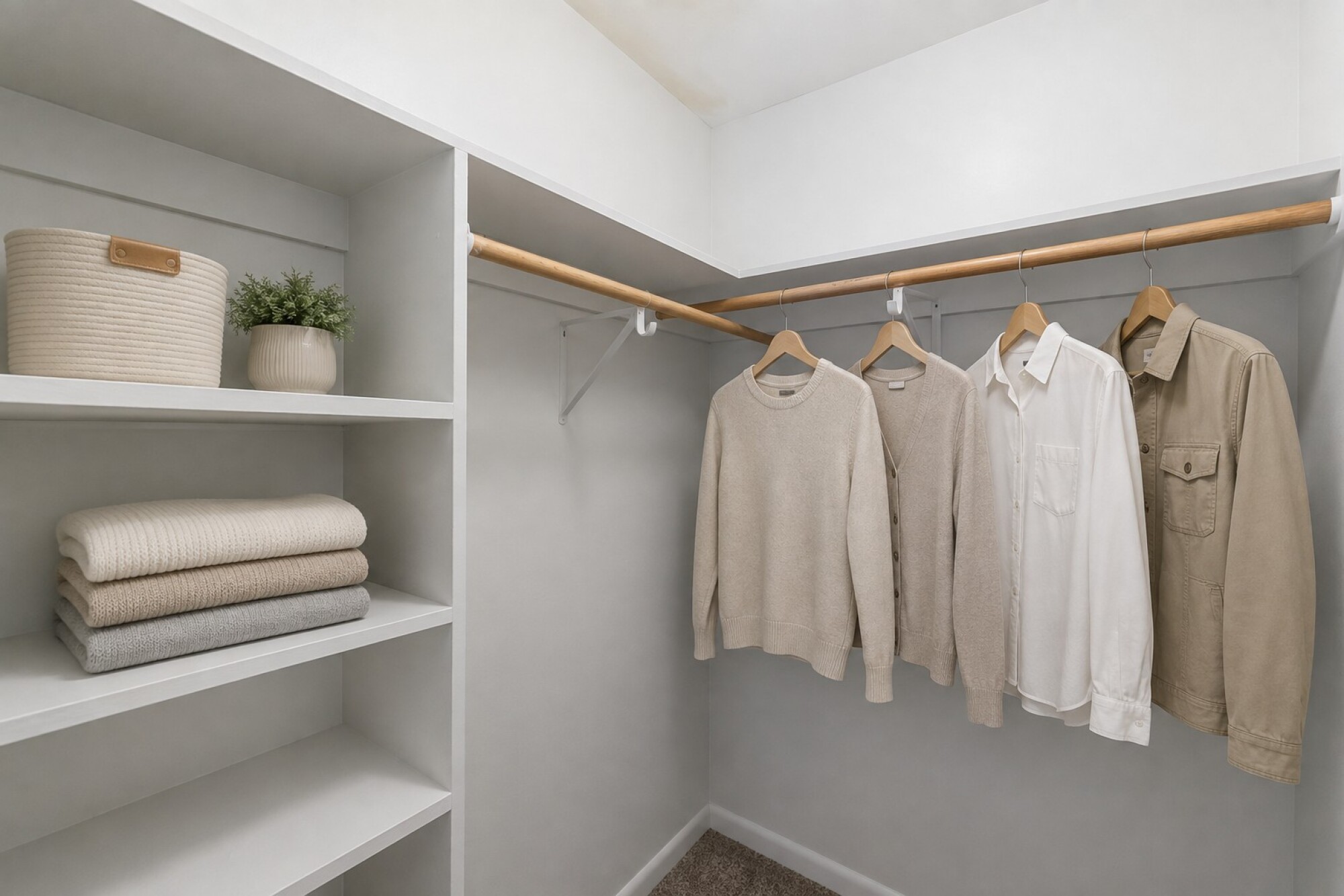Minimalist closet with shelves holding folded clothes, a basket, and a potted plant; four neutral shirts hang on a wooden rod.