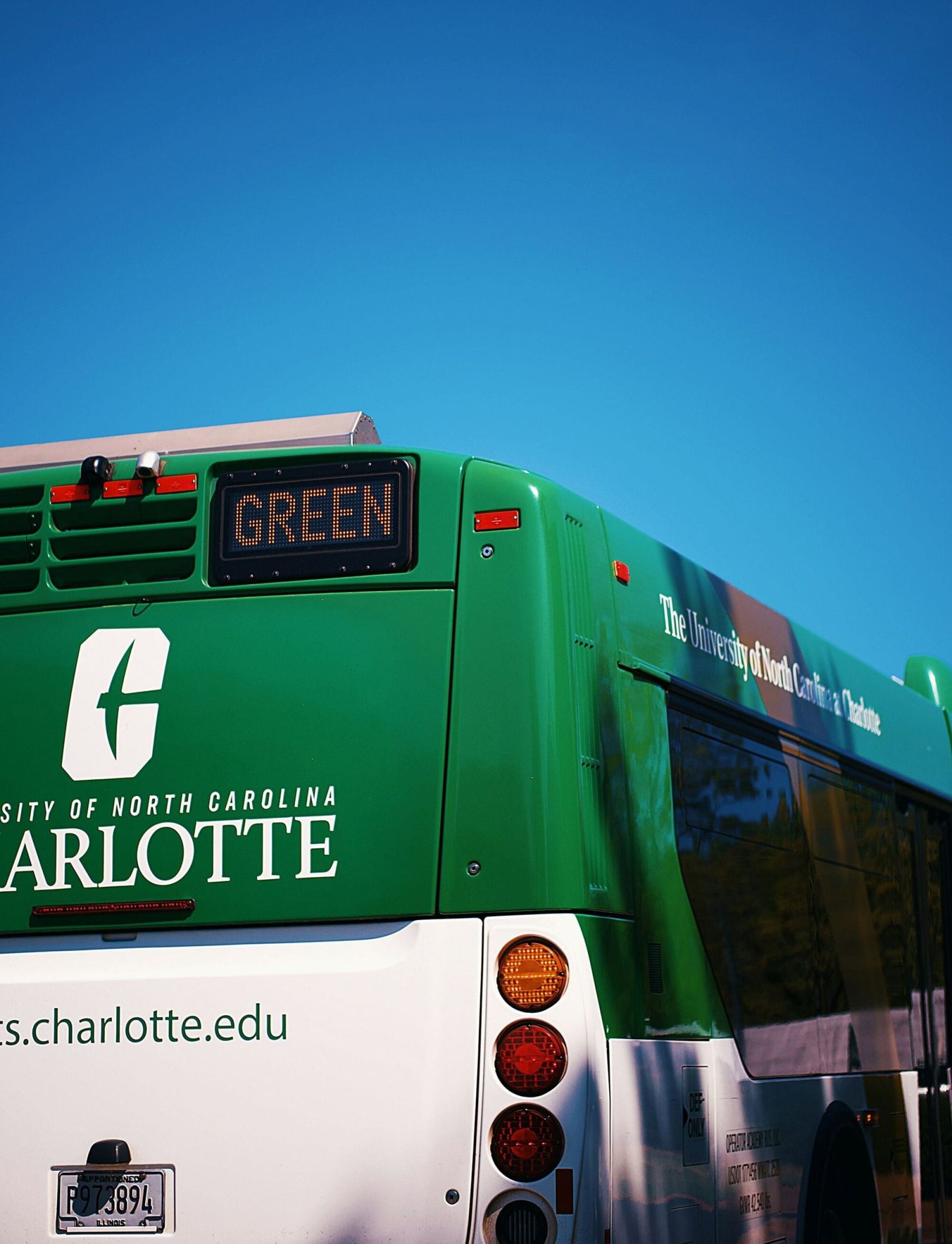 UNC Charlotte campus shuttle bus serving the University City area just minutes from Maple Run in Charlotte, NC.