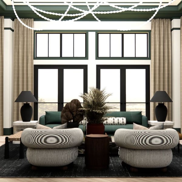 A large, elegant room with a black carpet and a chandelier.