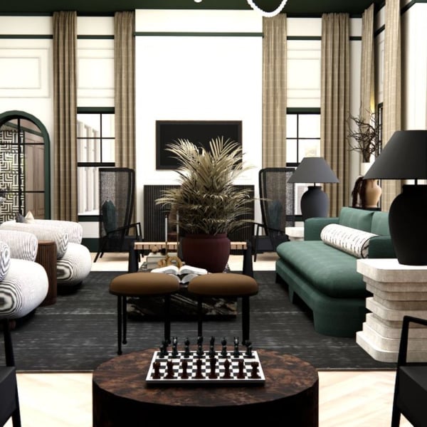 A modern living room with a green couch and a coffee table.