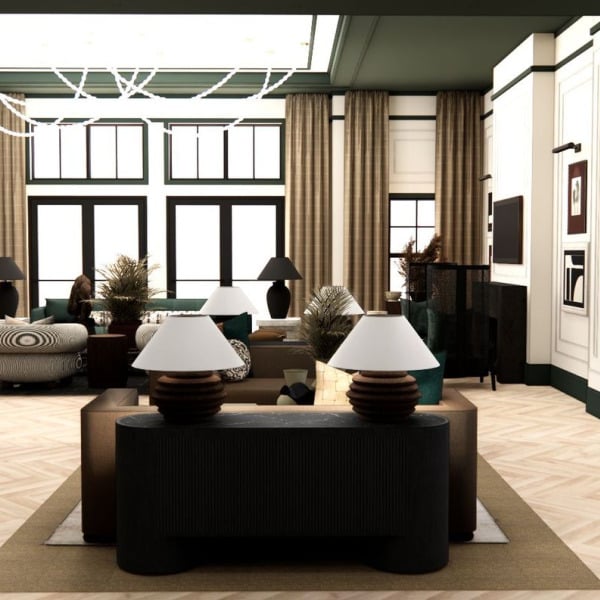 A modern living room with a large window and a bookshelf.