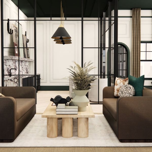 A living room with a white rug and brown couches.