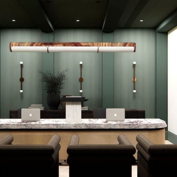 A modern living room with a fireplace and a dining table.