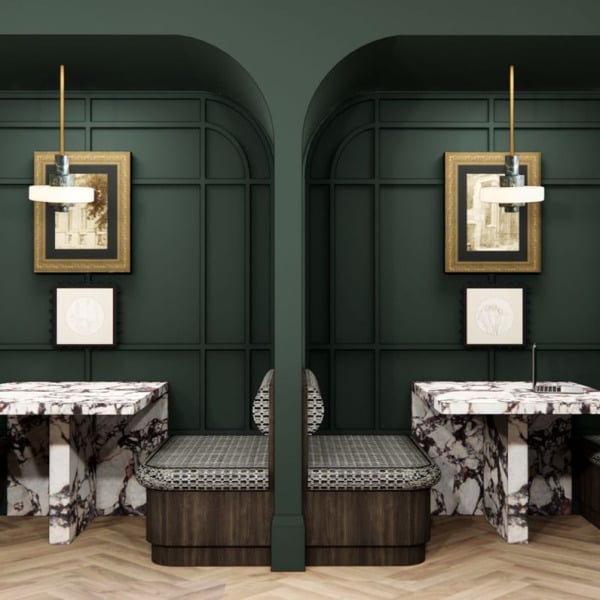 Two tables with chairs and a wall hanging picture frame.