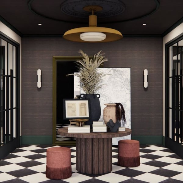 A black and white checkered floor in a room with a brown table and red stools.