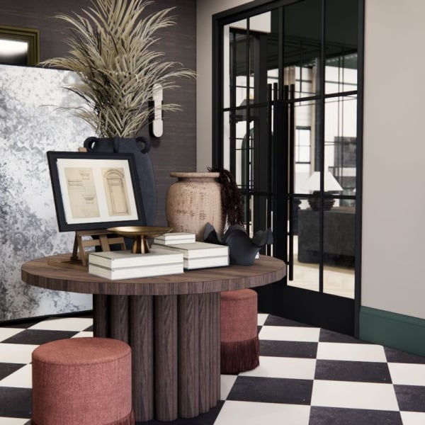 A black and white checkered floor in a room with a round table and a plant.