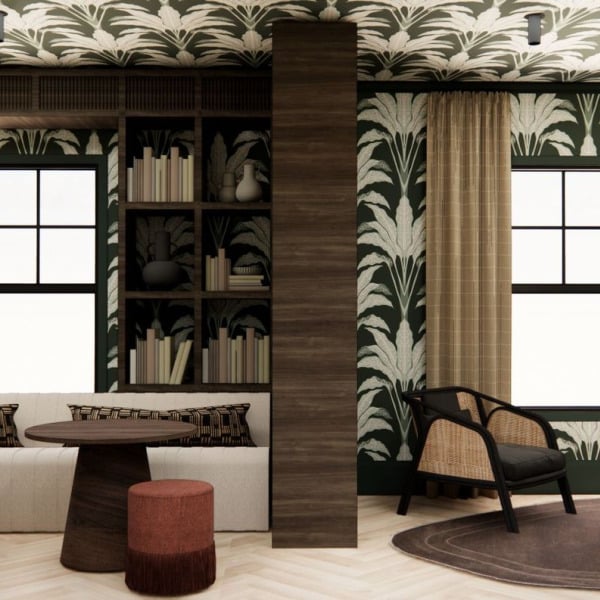 A living room with a large window, a bookshelf, and a sofa.