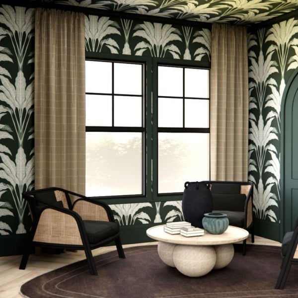 A living room with a green door and a large window with curtains.