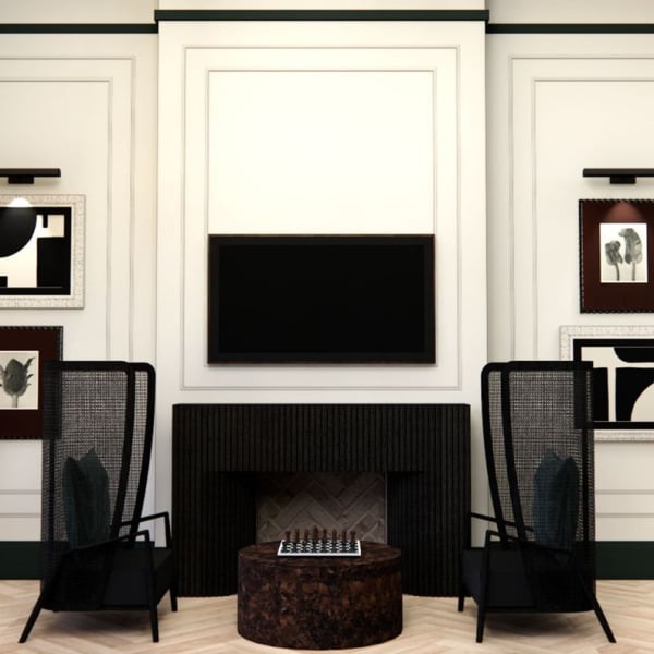 A living room with a fireplace and a flat screen TV mounted on the wall.